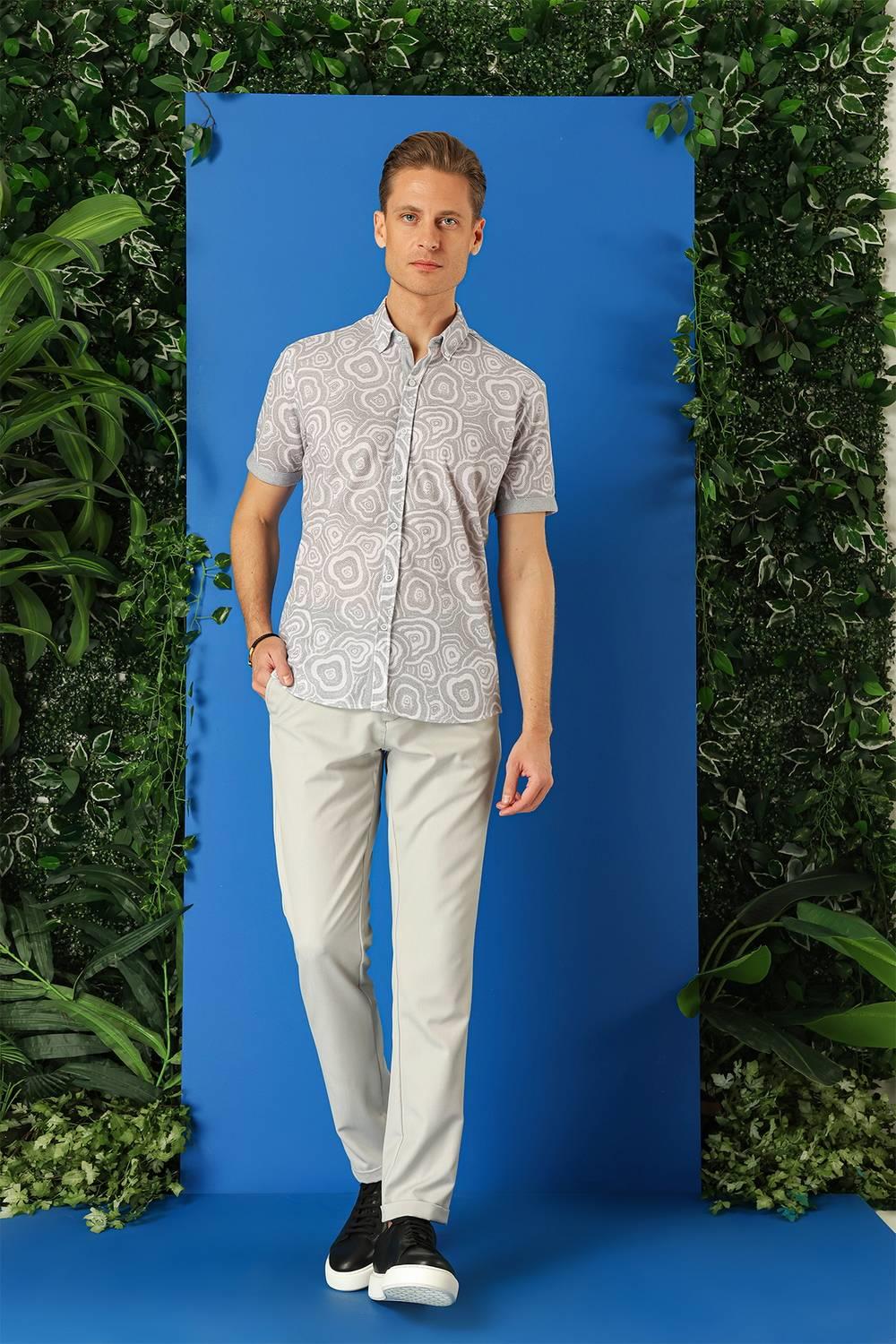 G 1503 Slim Fit Düğmeli Yaka Desenli Kısa Kol Pamuk Gri Gömlek