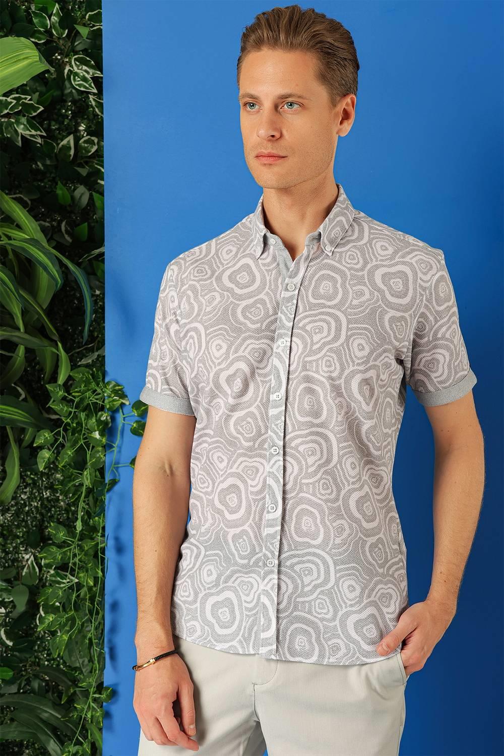 G 1503 Slim Fit Düğmeli Yaka Desenli Kısa Kol Pamuk Gri Gömlek