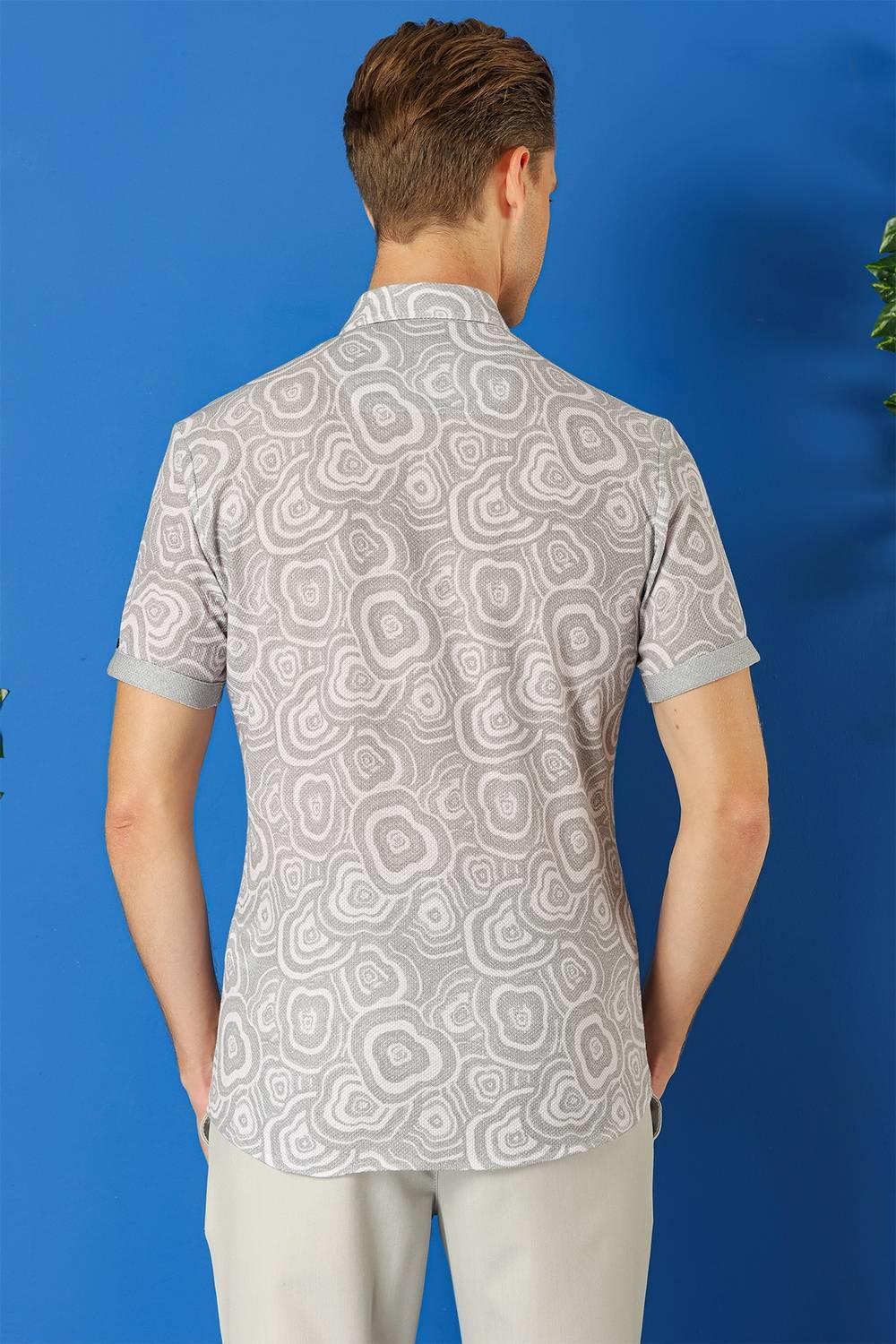 G 1503 Slim Fit Düğmeli Yaka Desenli Kısa Kol Pamuk Gri Gömlek