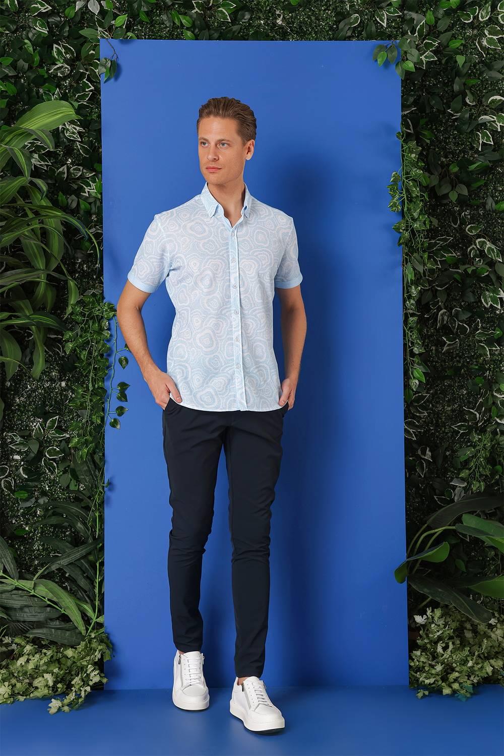 G 1503 Slim Fit Düğmeli Yaka Desenli Kısa Kol Pamuk Mavi Gömlek