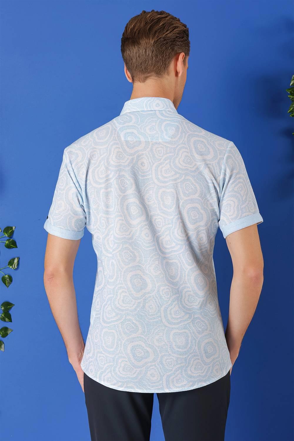 G 1503 Slim Fit Düğmeli Yaka Desenli Kısa Kol Pamuk Mavi Gömlek
