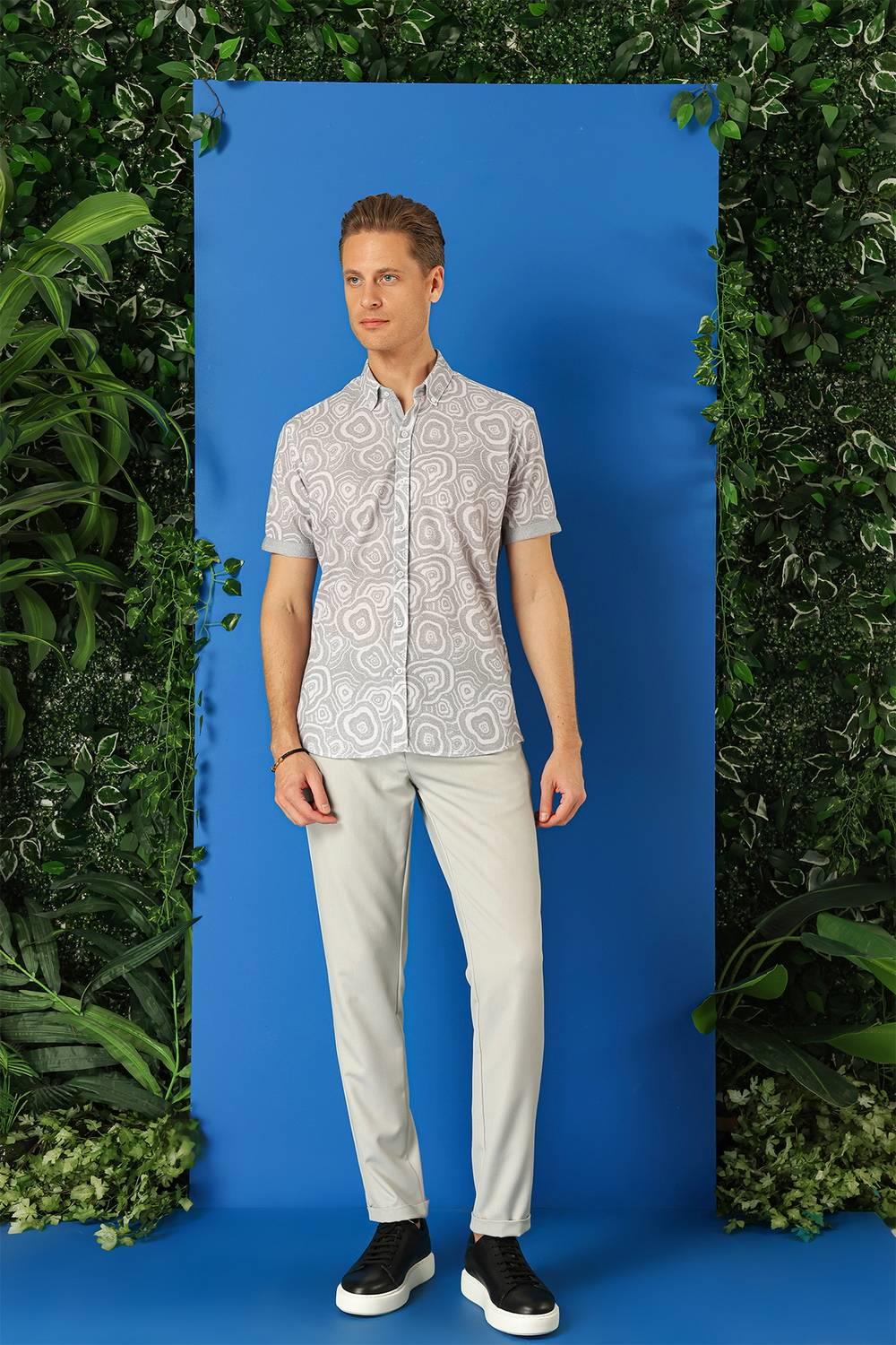 G 1503 Slim Fit Düğmeli Yaka Desenli Kısa Kol Pamuk Gri Gömlek