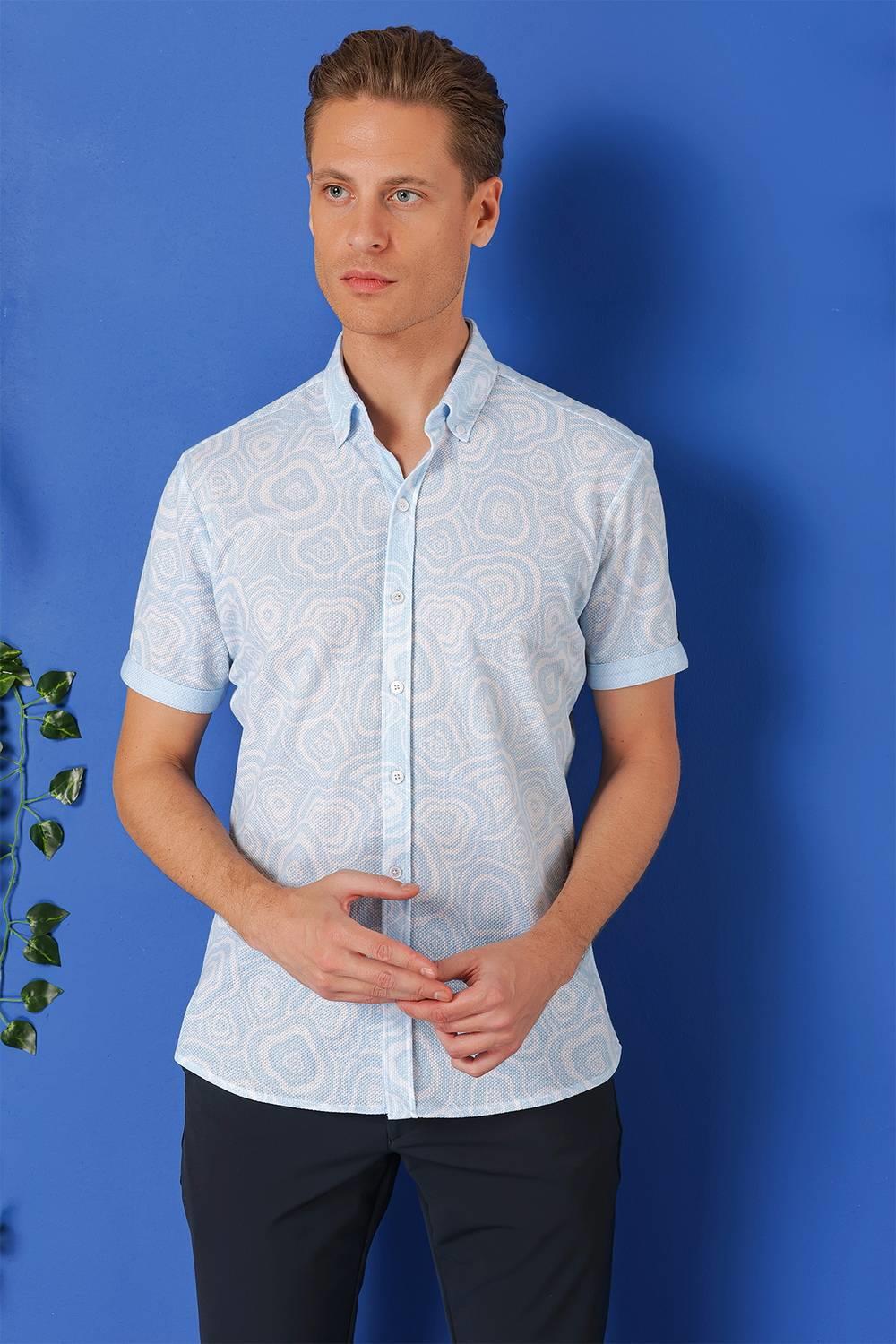 G 1503 Slim Fit Düğmeli Yaka Desenli Kısa Kol Pamuk Mavi Gömlek