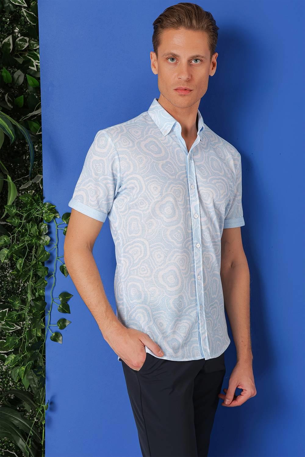 G 1503 Slim Fit Düğmeli Yaka Desenli Kısa Kol Pamuk Mavi Gömlek