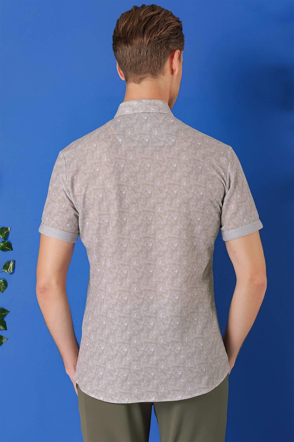 G 1504 Slim Fit Düğmeli Yaka Desenli Kısa Kol Pamuk Gri Gömlek