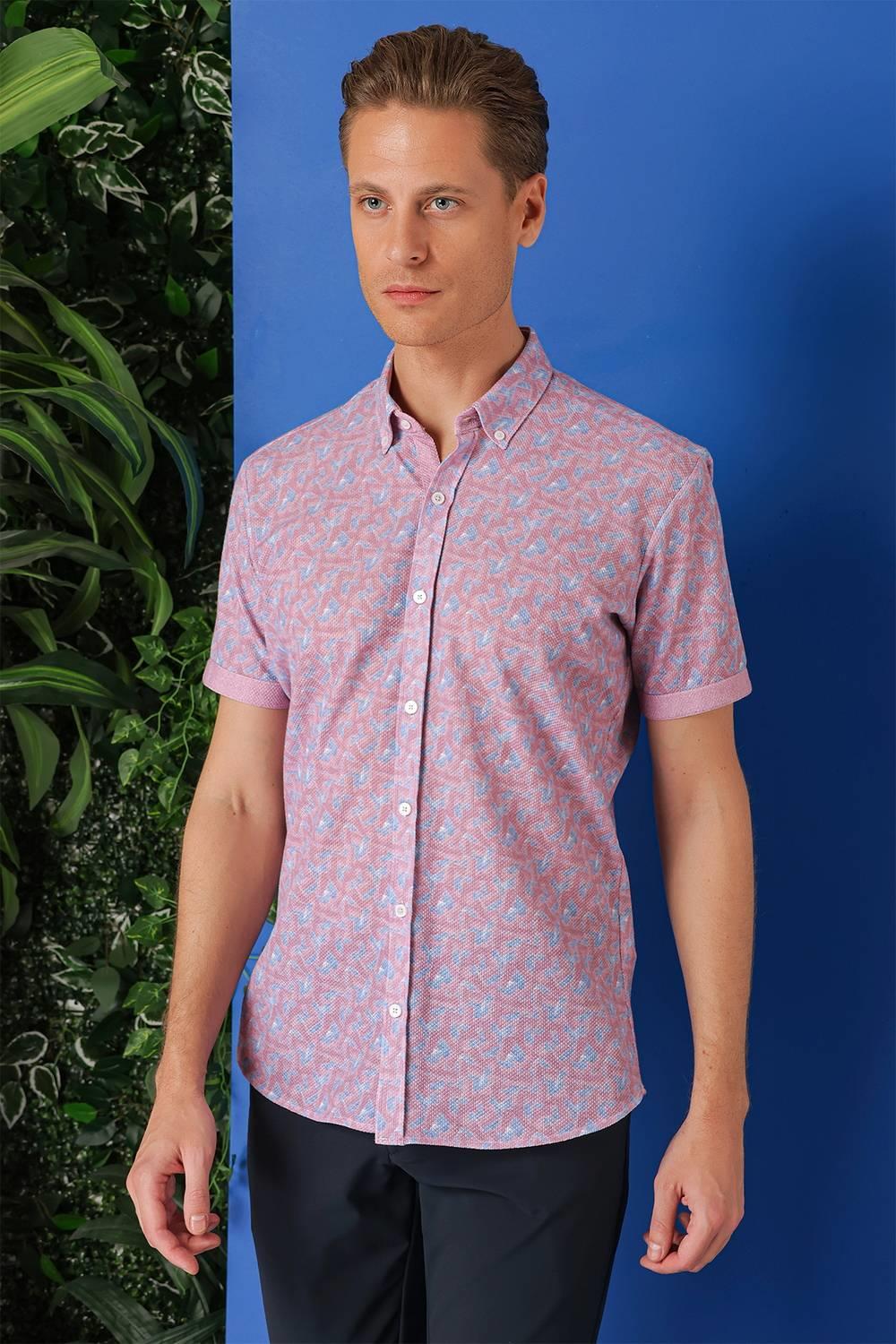 G 1504 Slim Fit Düğmeli Yaka Desenli Kısa Kol Pamuk Eflatun Gömlek