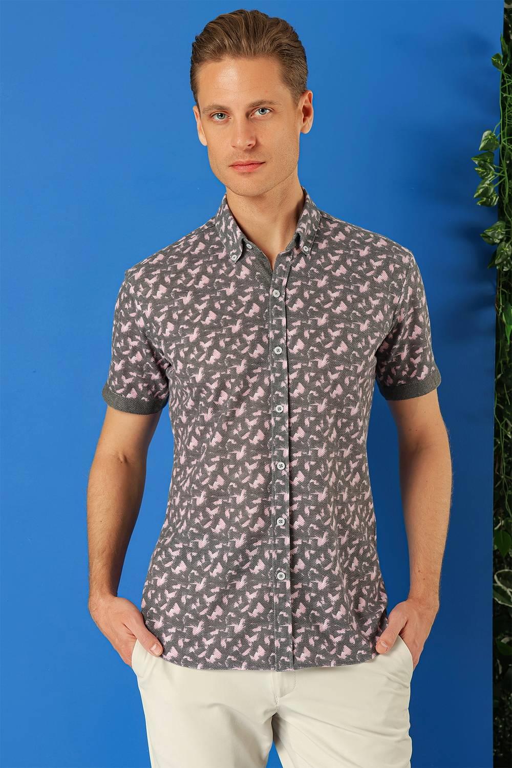 G 1504 Slim Fit Düğmeli Yaka Desenli Kısa Kol Pamuk Füme Gömlek