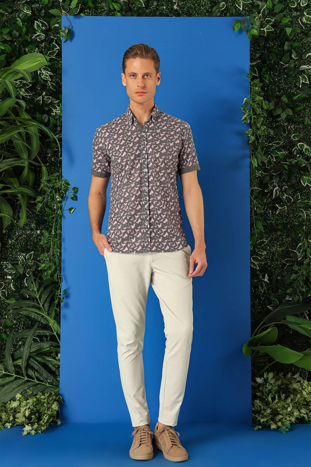 G 1504 Slim Fit Düğmeli Yaka Desenli Kısa Kol Pamuk Füme Gömlek