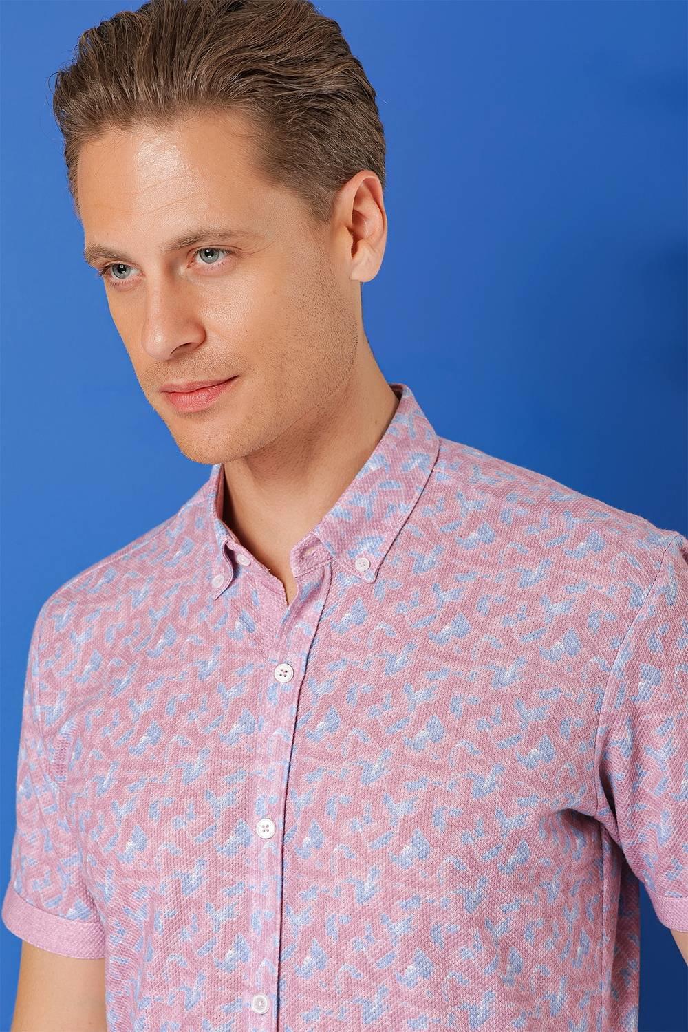 G 1504 Slim Fit Düğmeli Yaka Desenli Kısa Kol Pamuk Eflatun Gömlek