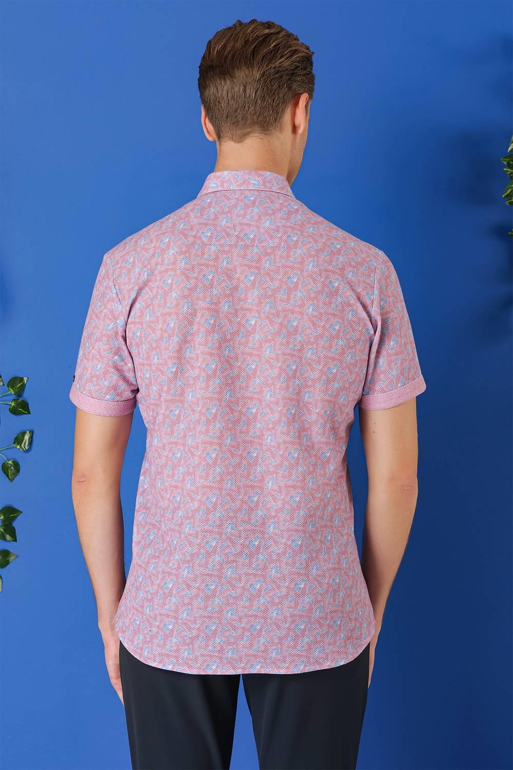 G 1504 Slim Fit Düğmeli Yaka Desenli Kısa Kol Pamuk Eflatun Gömlek