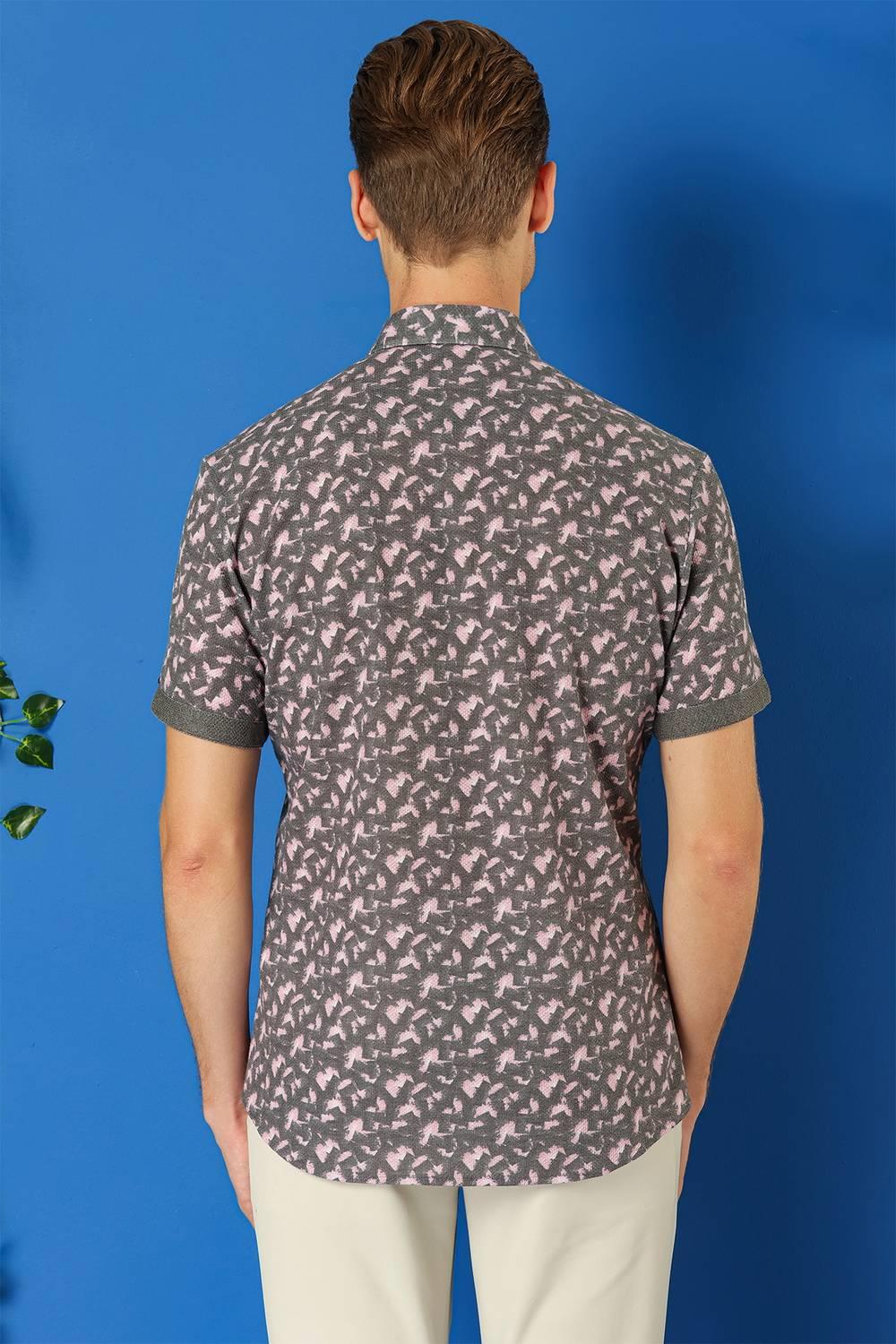 G 1504 Slim Fit Düğmeli Yaka Desenli Kısa Kol Pamuk Füme Gömlek