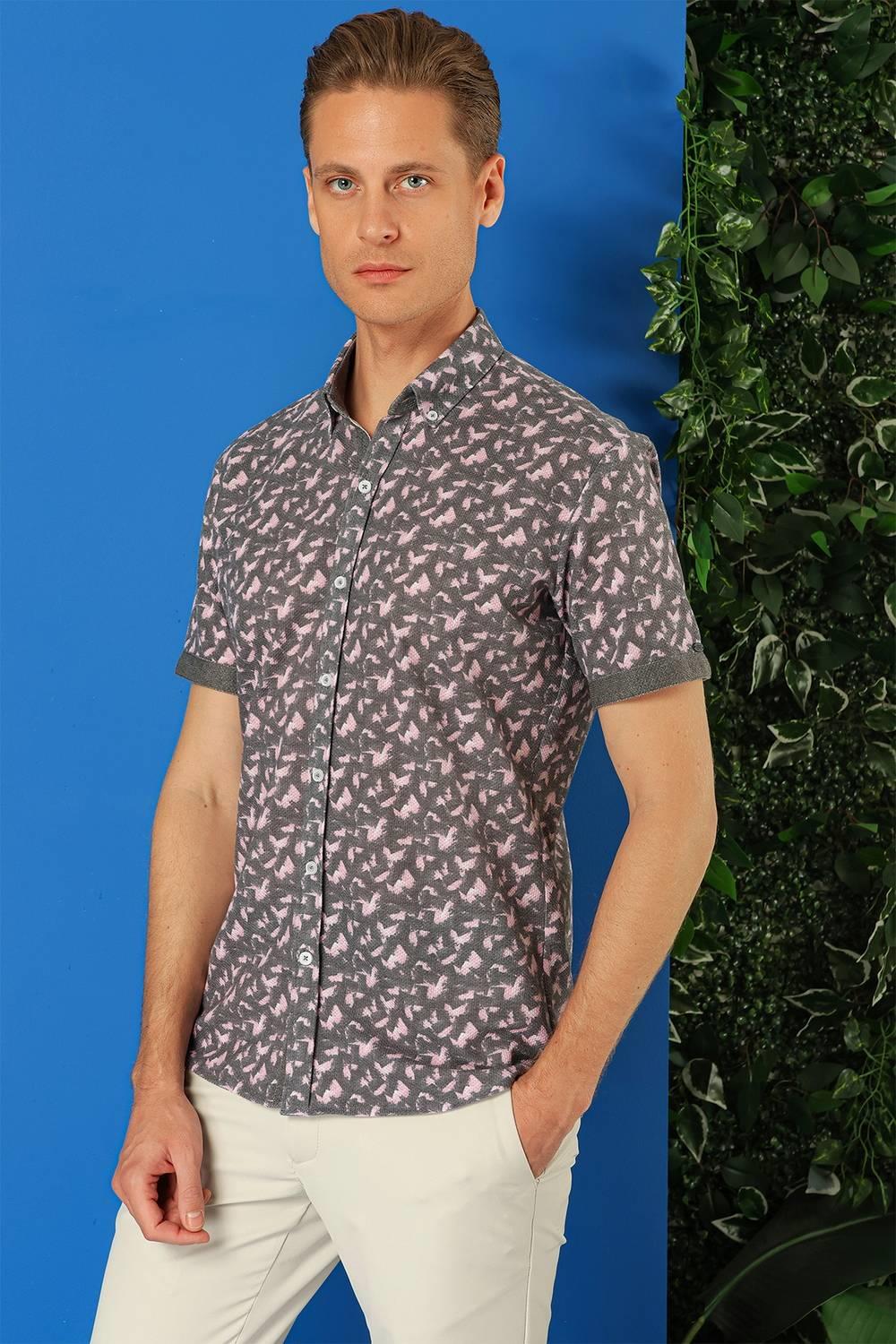 G 1504 Slim Fit Düğmeli Yaka Desenli Kısa Kol Pamuk Füme Gömlek