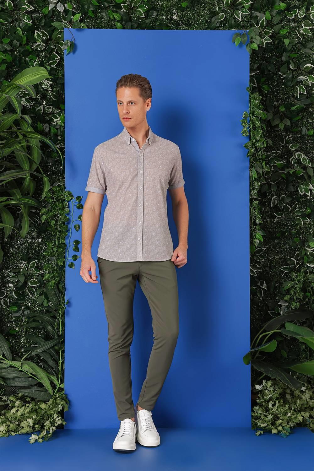 G 1504 Slim Fit Düğmeli Yaka Desenli Kısa Kol Pamuk Gri Gömlek