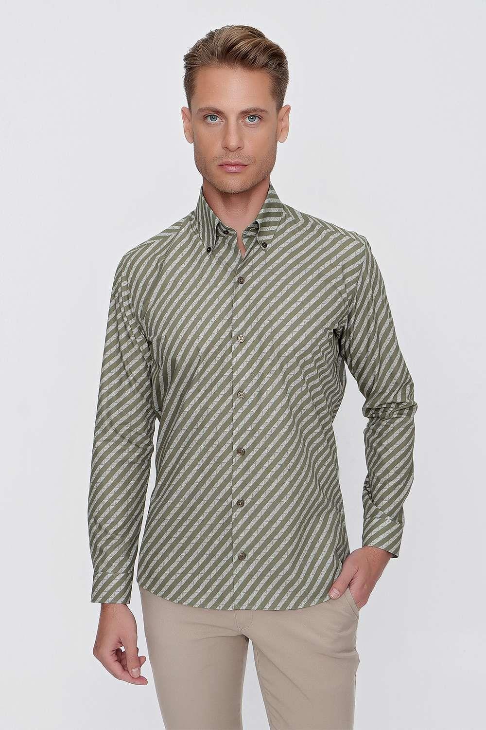 G 1517 Slim Fit Haki Spor Gömlek