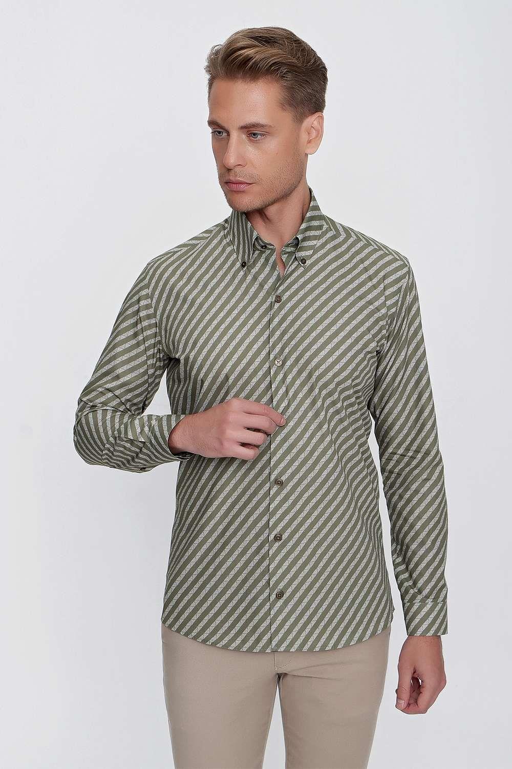G 1517 Slim Fit Haki Spor Gömlek