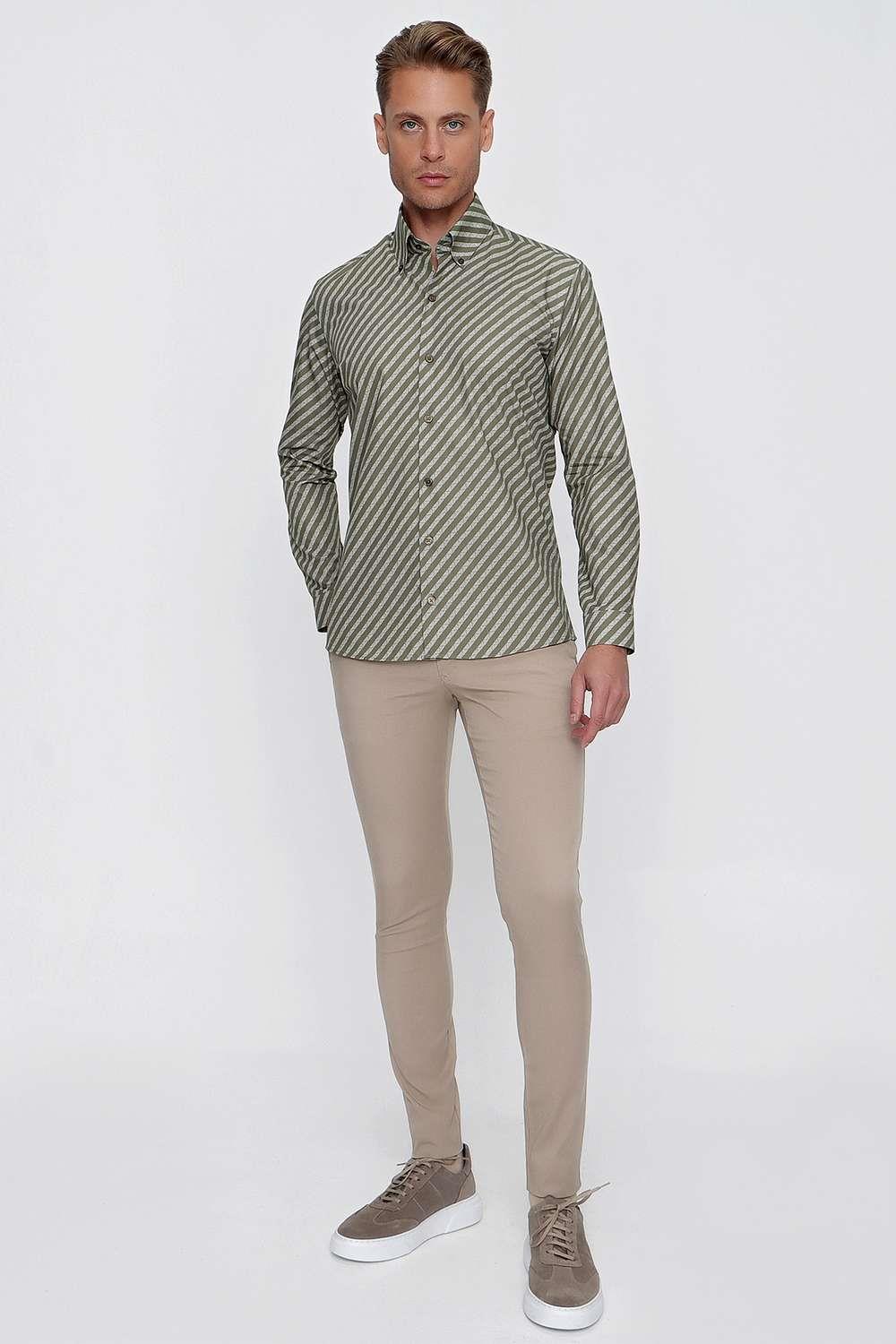 G 1517 Slim Fit Haki Spor Gömlek
