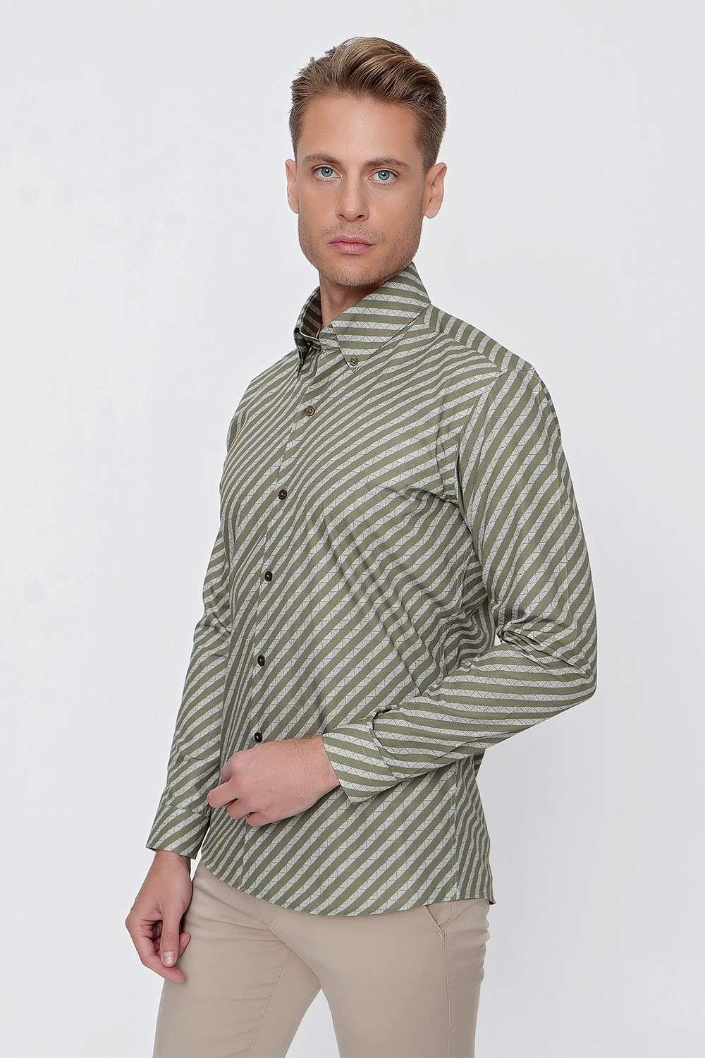 G 1517 Slim Fit Haki Spor Gömlek
