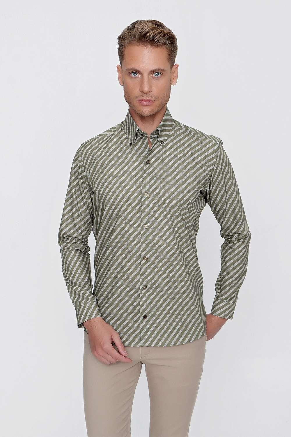G 1517 Slim Fit Haki Spor Gömlek