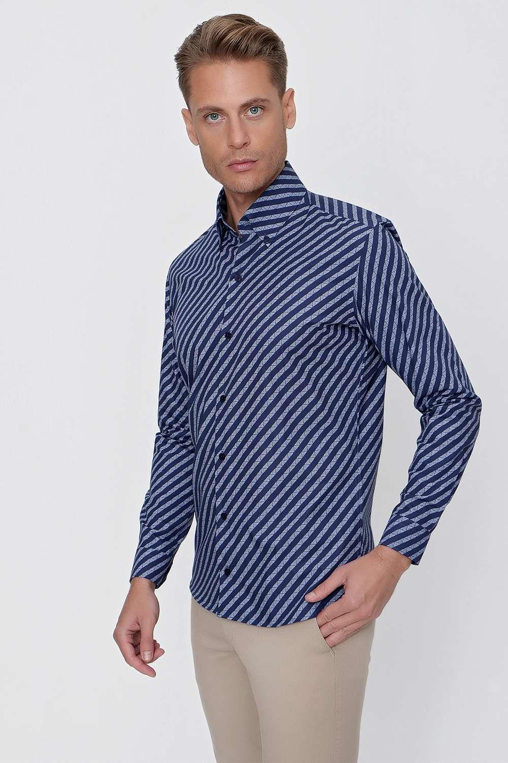 G 1517 Slim Fit Lacivert Spor Gömlek