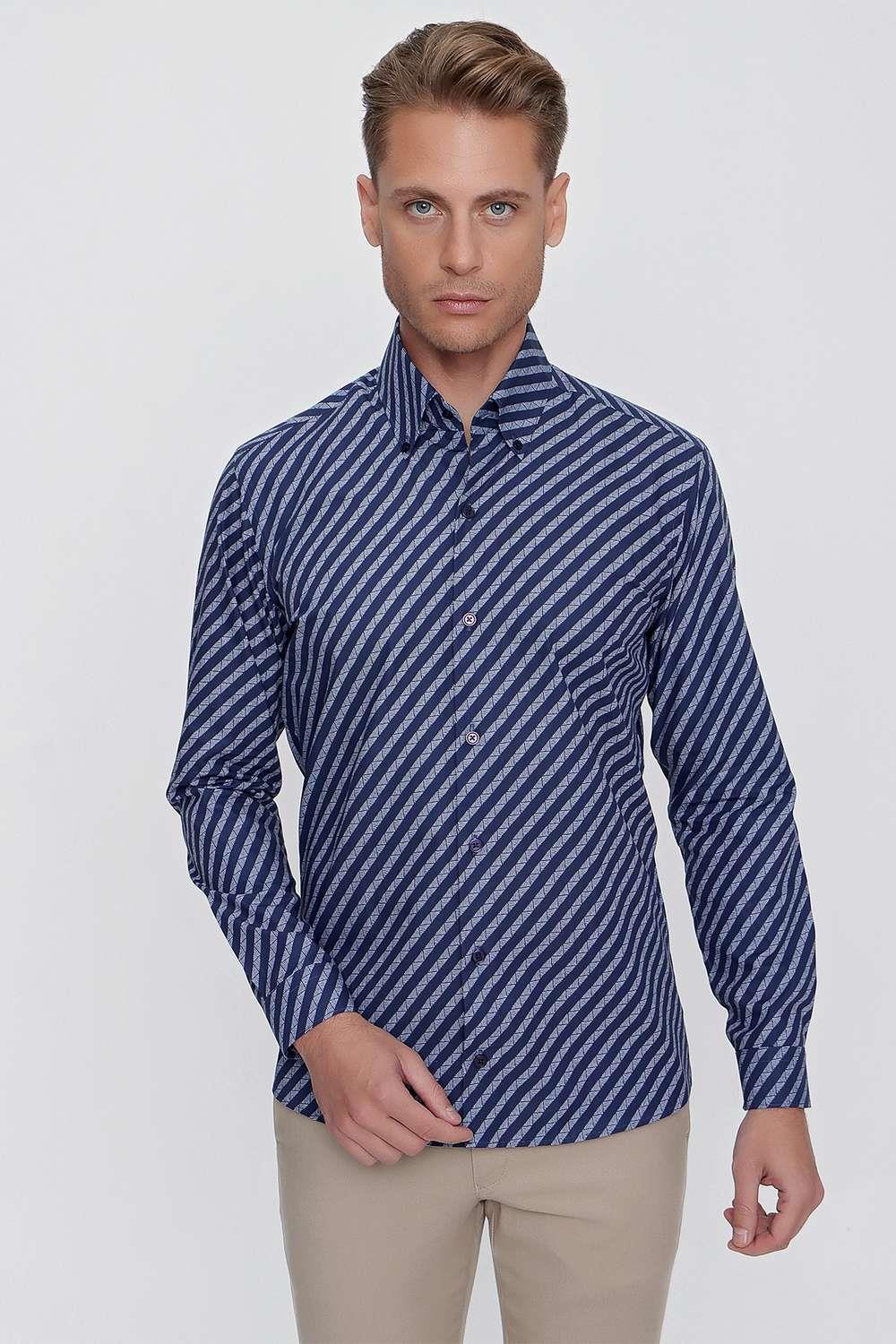 G 1517 Slim Fit Lacivert Spor Gömlek