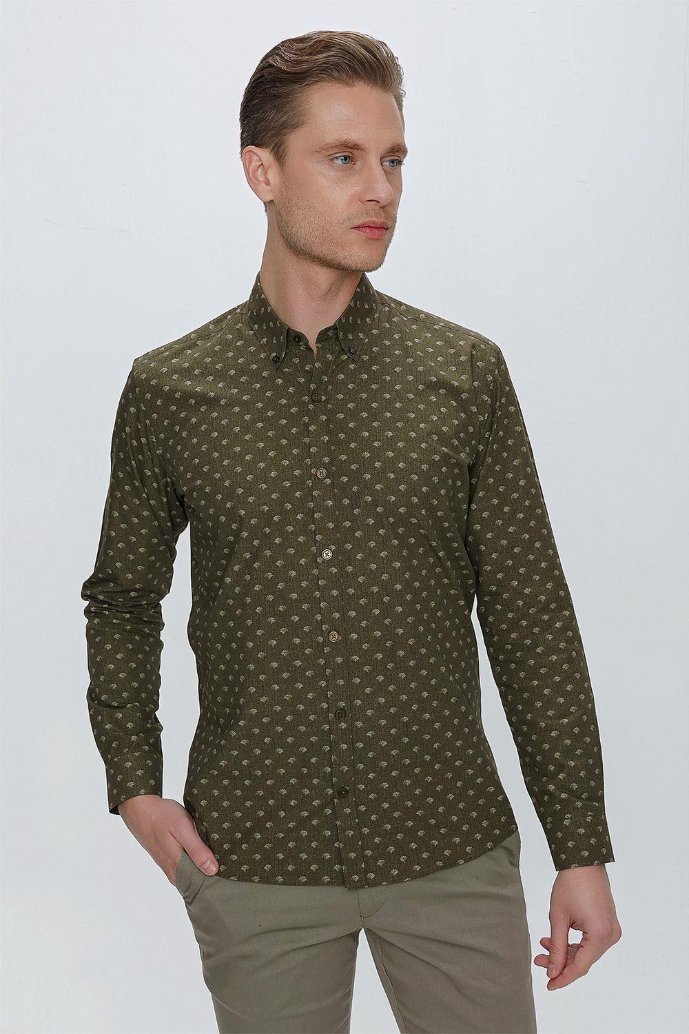 G 1518 Slim Fit Haki Spor Gömlek