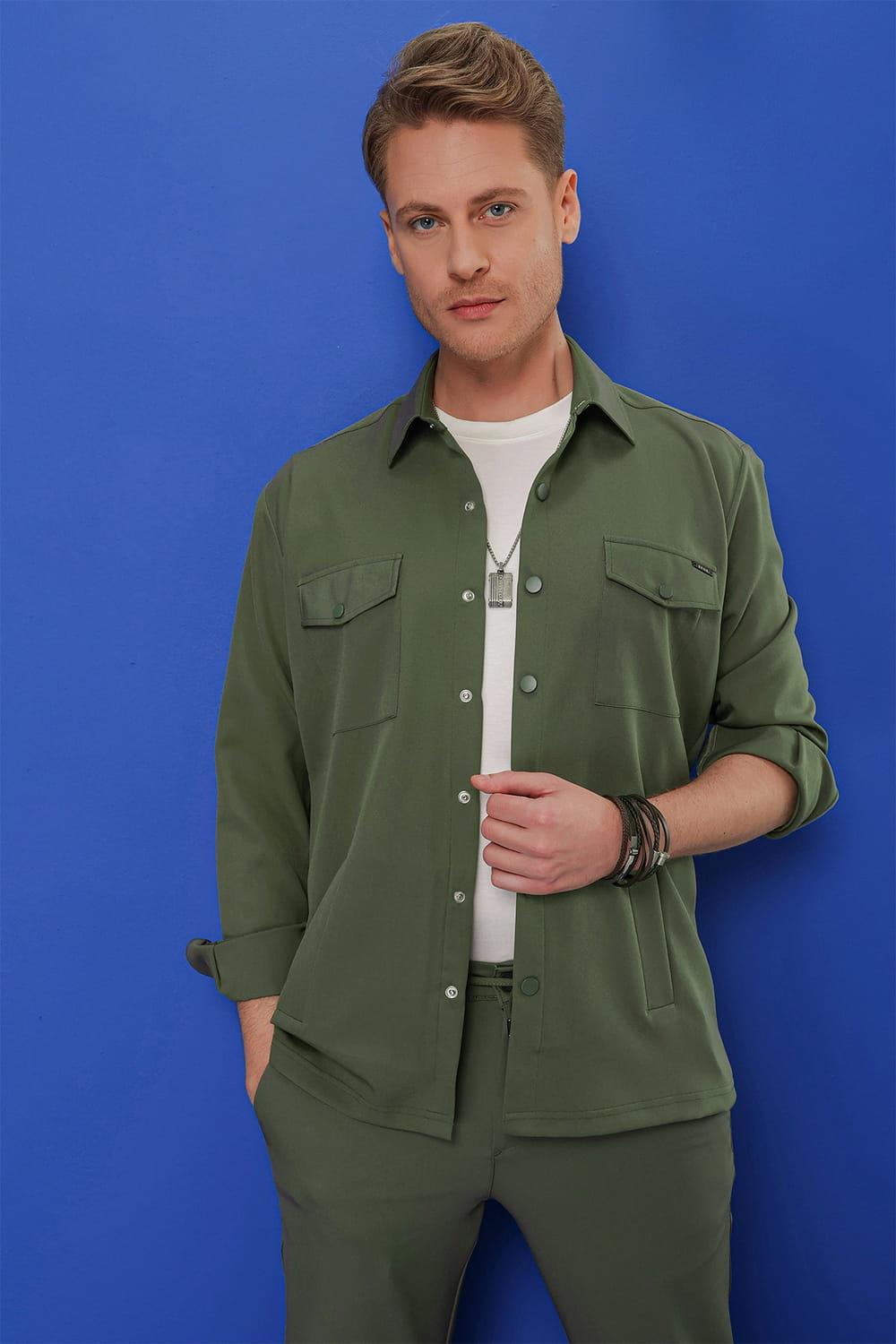 G 1534 Slim Fit Haki Klasik Gömlek