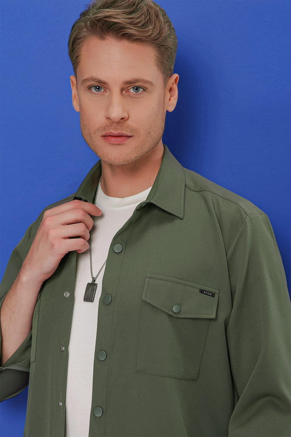 G 1534 Slim Fit Haki Klasik Gömlek