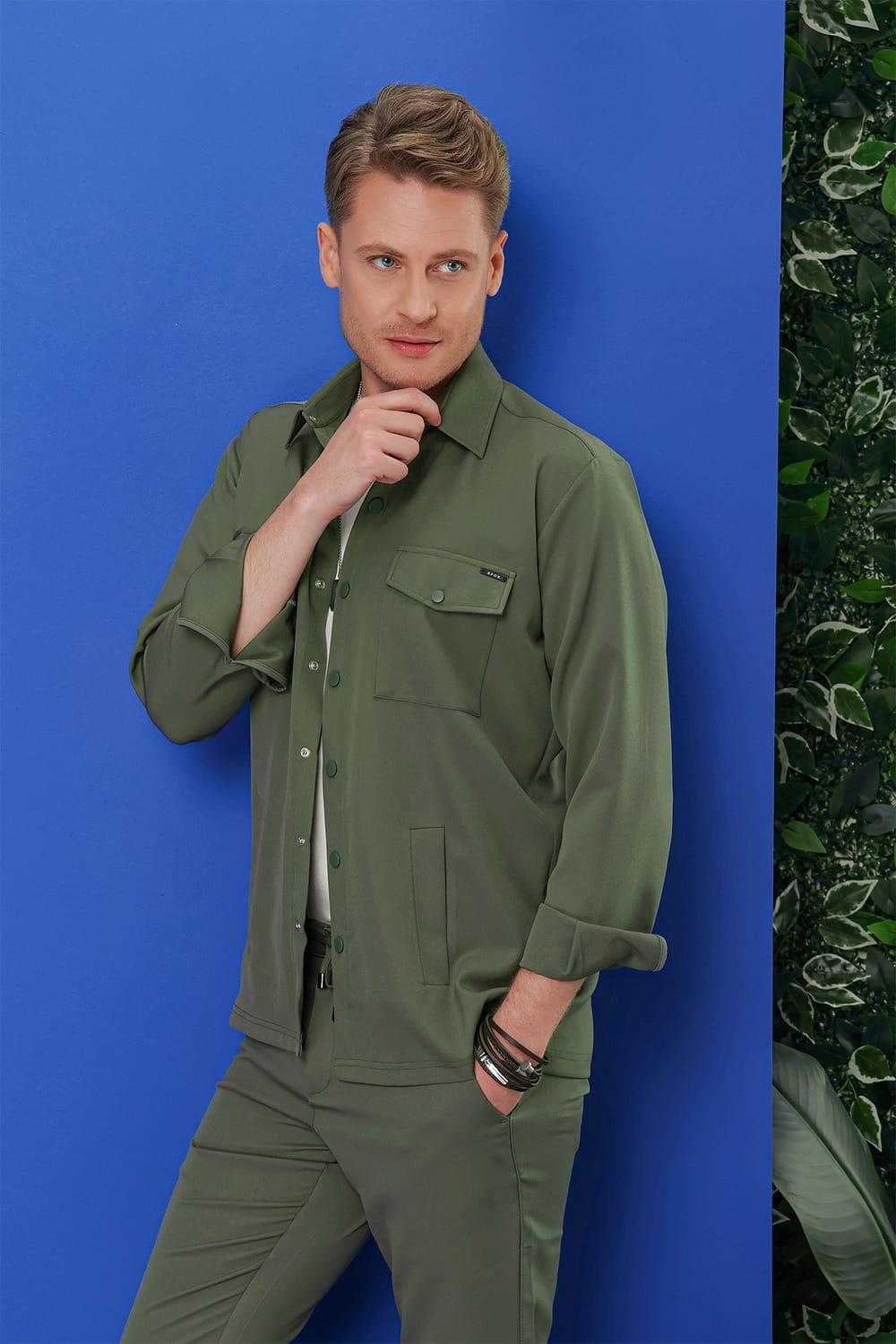 G 1534 Slim Fit Haki Klasik Gömlek