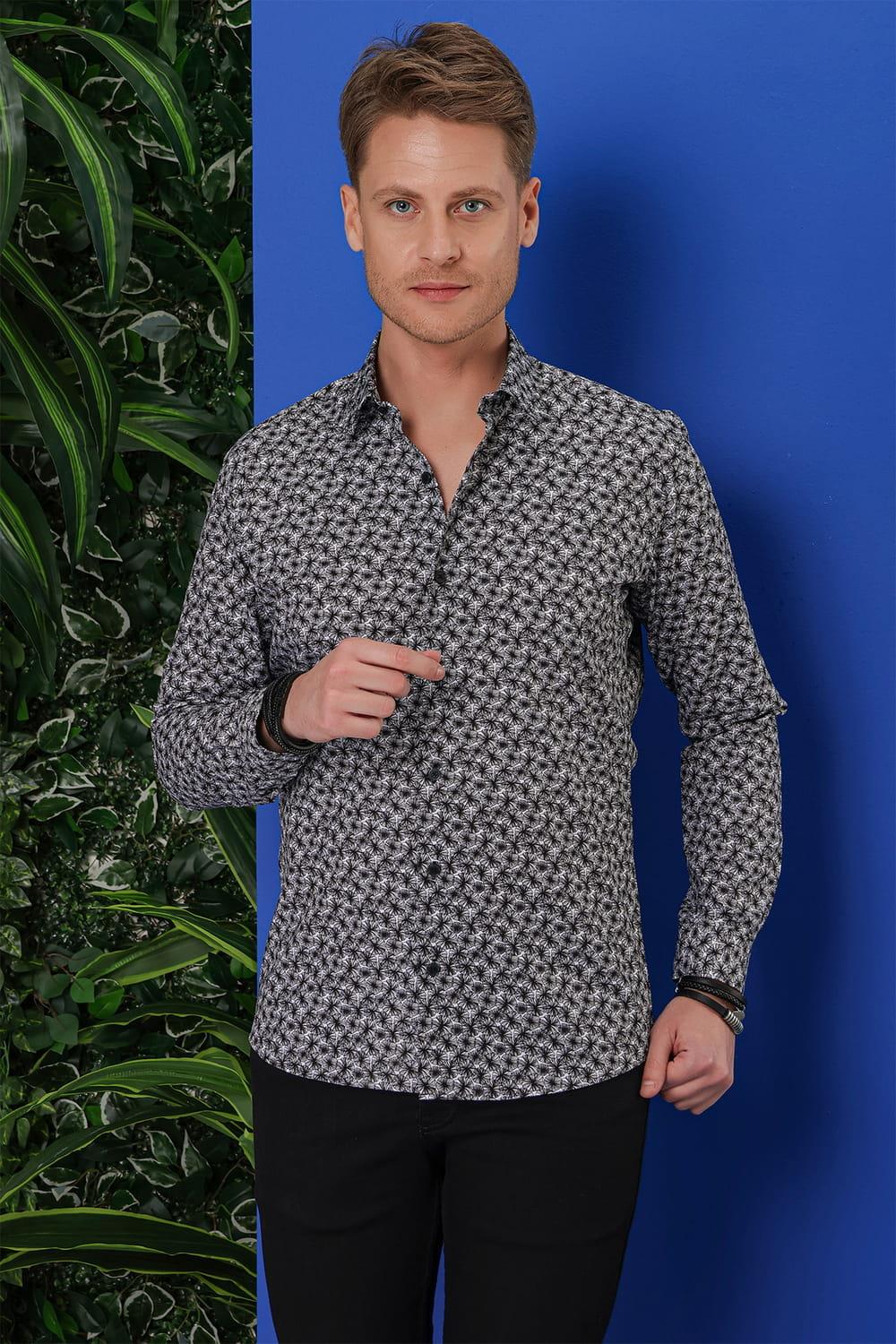 G 1547 Slim Fit Siyah-Beyaz Klasik Gömlek