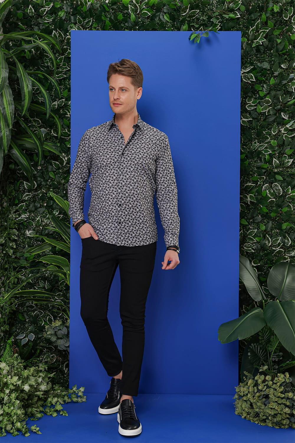 G 1547 Slim Fit Siyah-Beyaz Klasik Gömlek