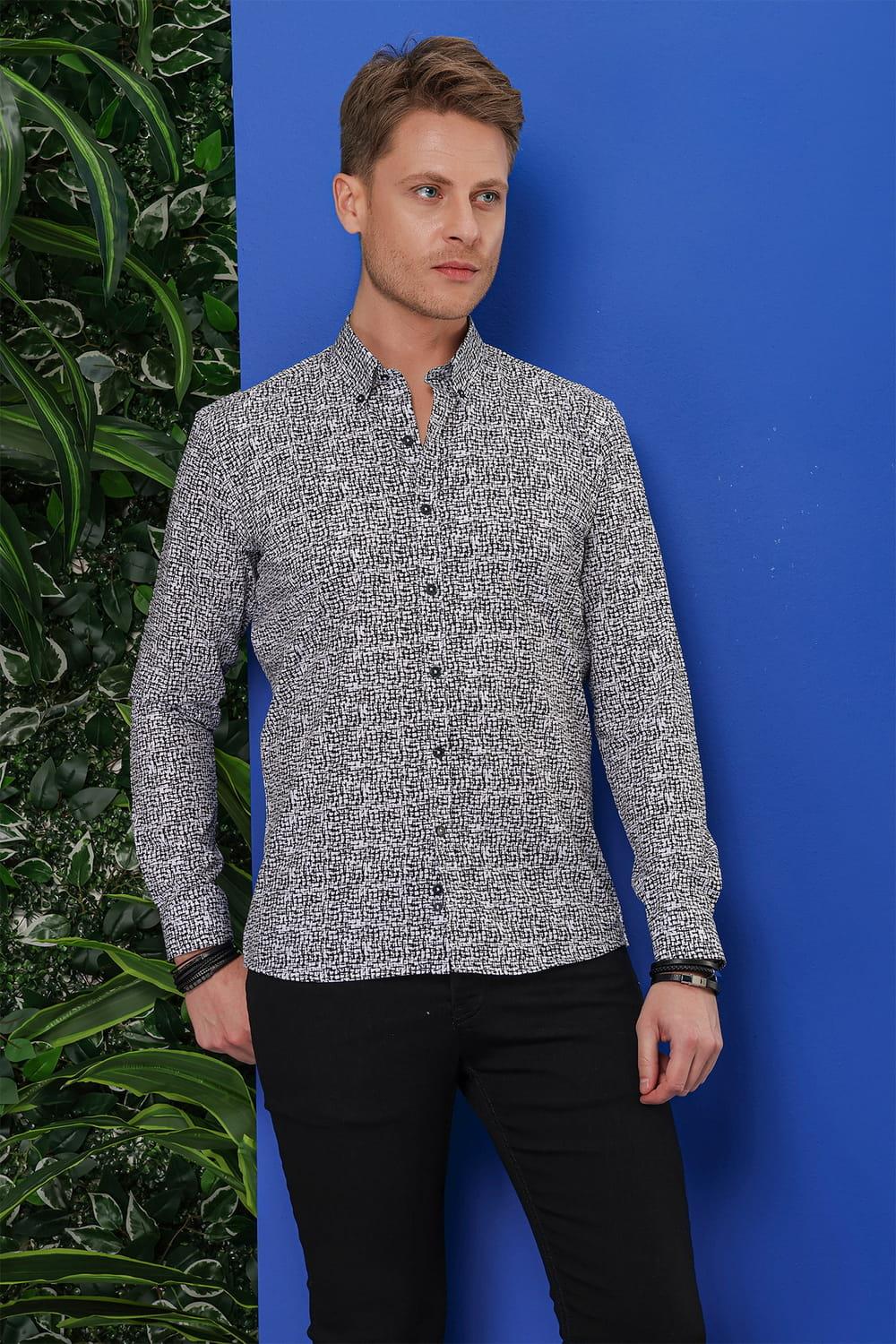 G 1548 Slim Fit Beyaz-Siyah Klasik Gömlek