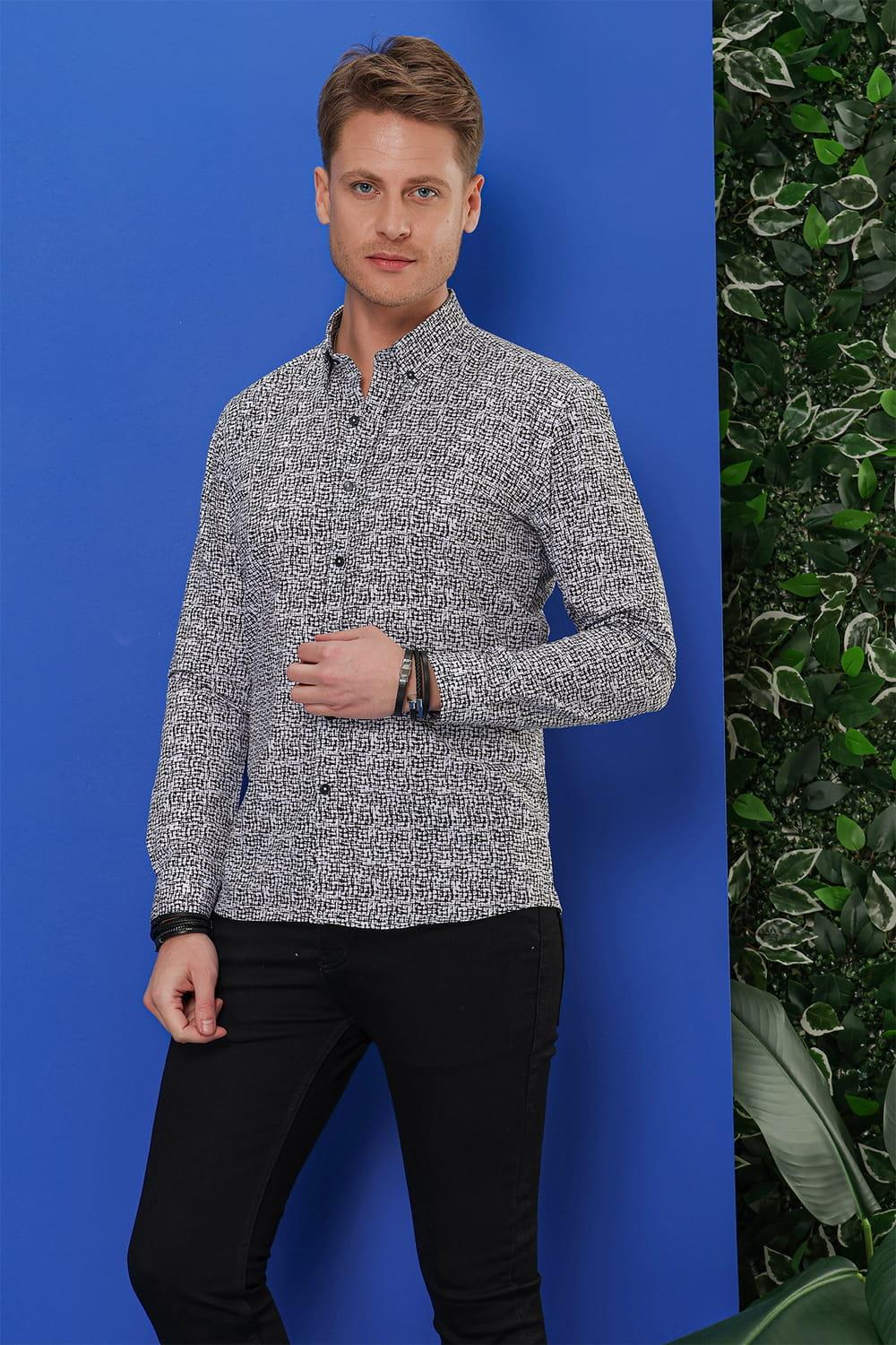 G 1548 Slim Fit Beyaz-Siyah Klasik Gömlek