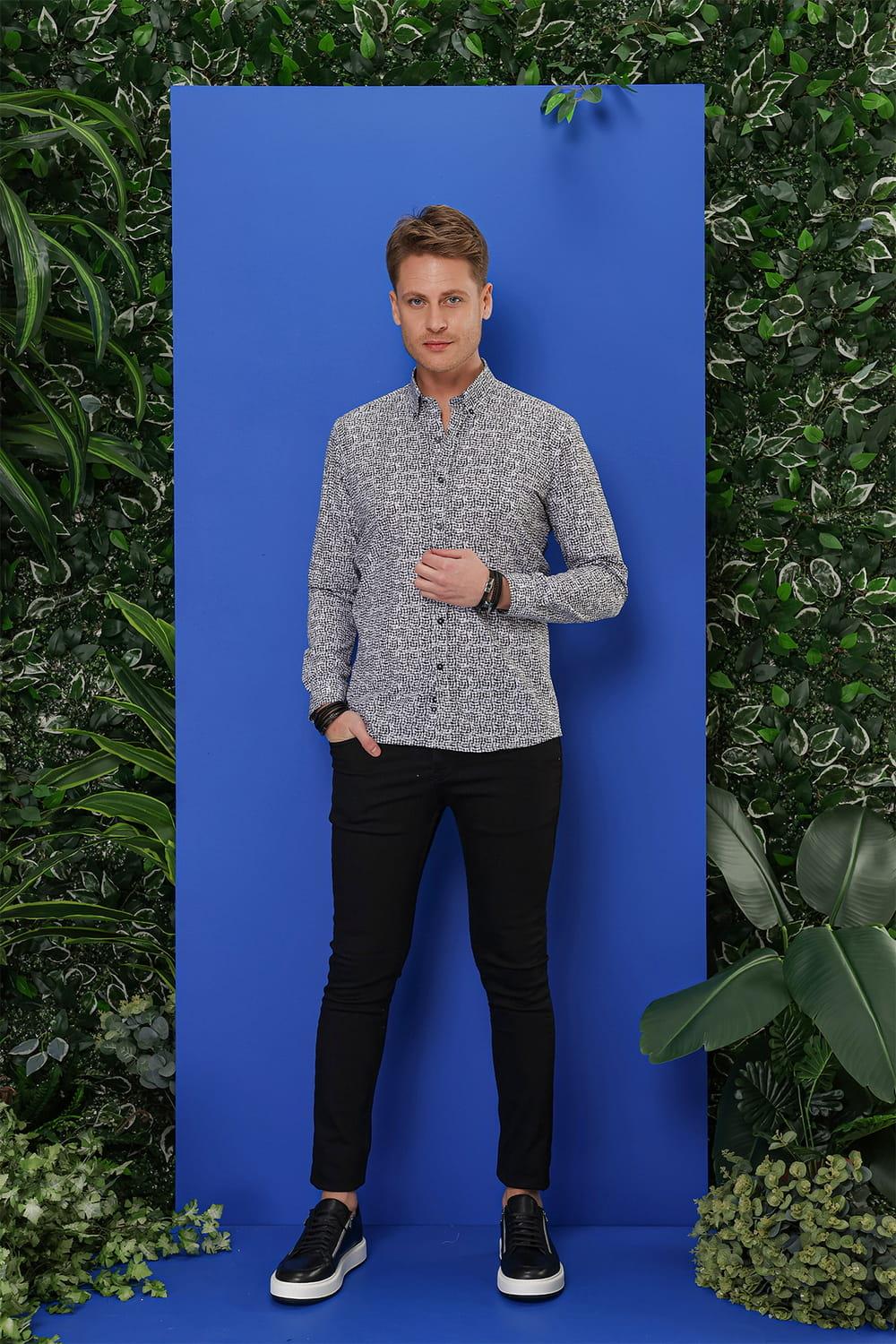 G 1548 Slim Fit Beyaz-Siyah Klasik Gömlek