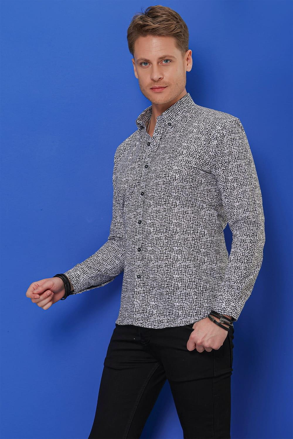 G 1548 Slim Fit Beyaz-Siyah Klasik Gömlek