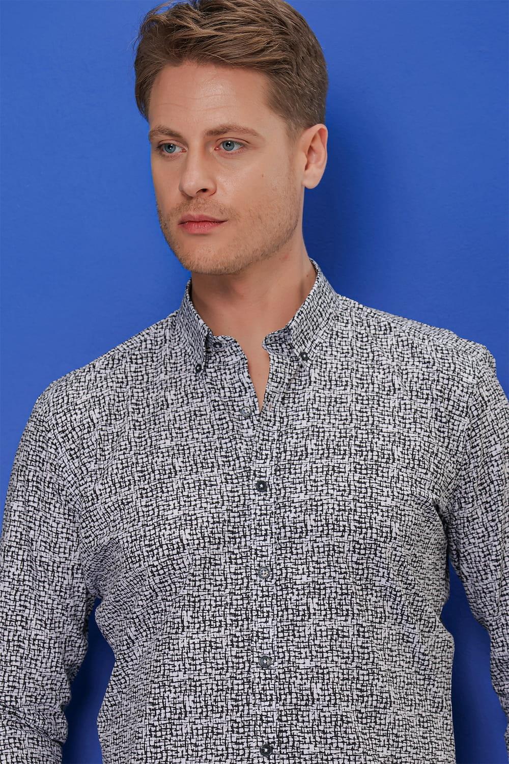 G 1548 Slim Fit Beyaz-Siyah Klasik Gömlek