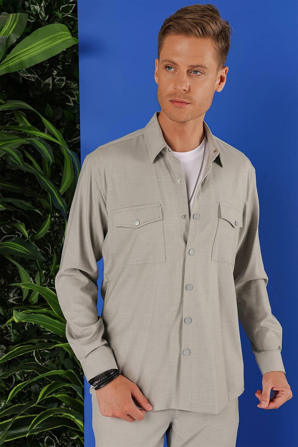 G 1552 Slim Fit Açık Gri Klasik Gömlek