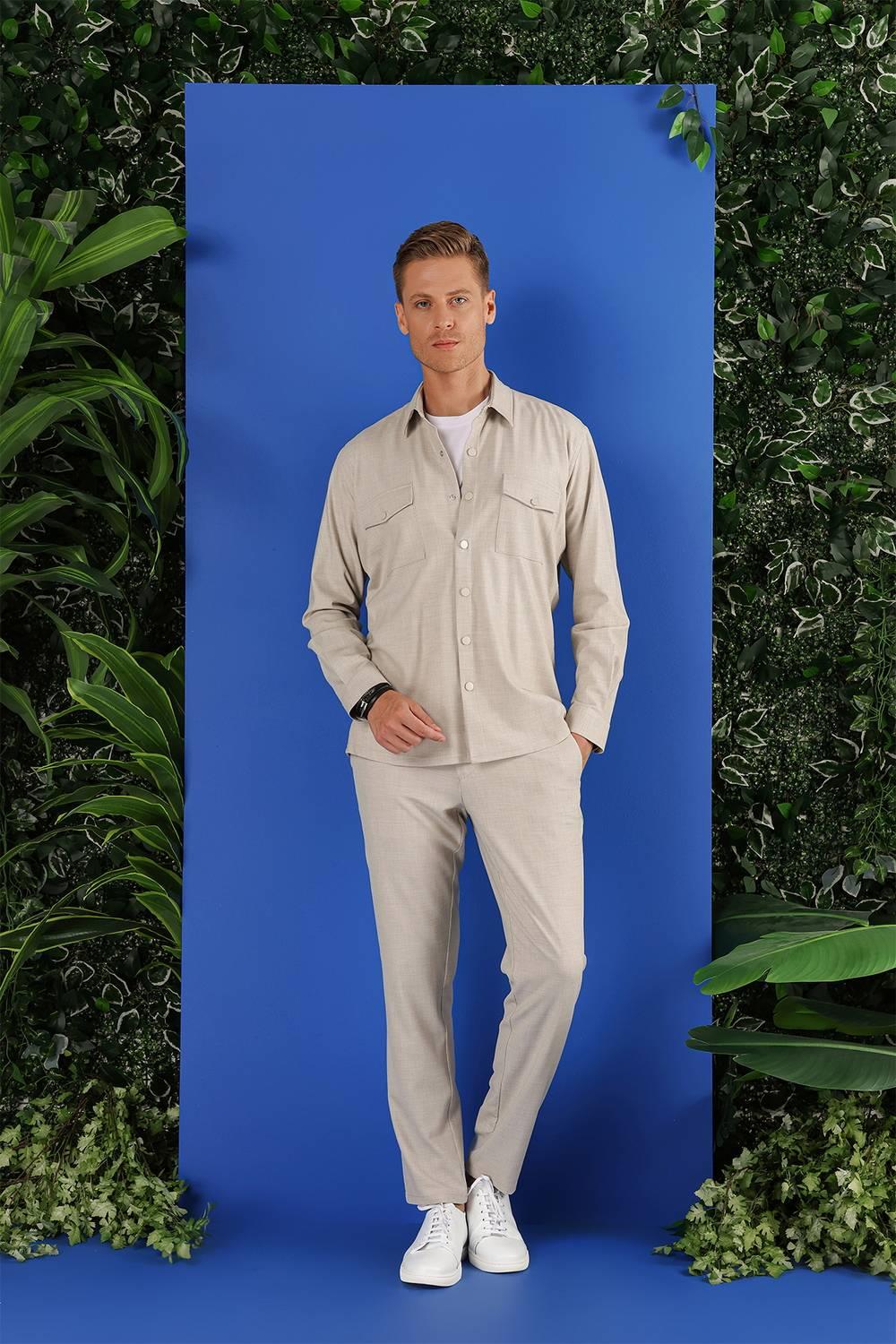 G 1552 Slim Fit Bej Klasik Gömlek