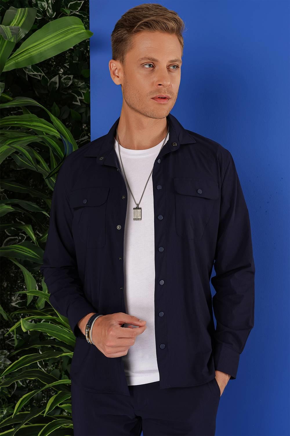 G 1553 Slim Fit Lacivert Klasik Gömlek