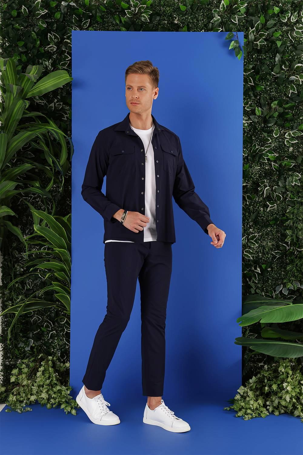 G 1553 Slim Fit Lacivert Klasik Gömlek