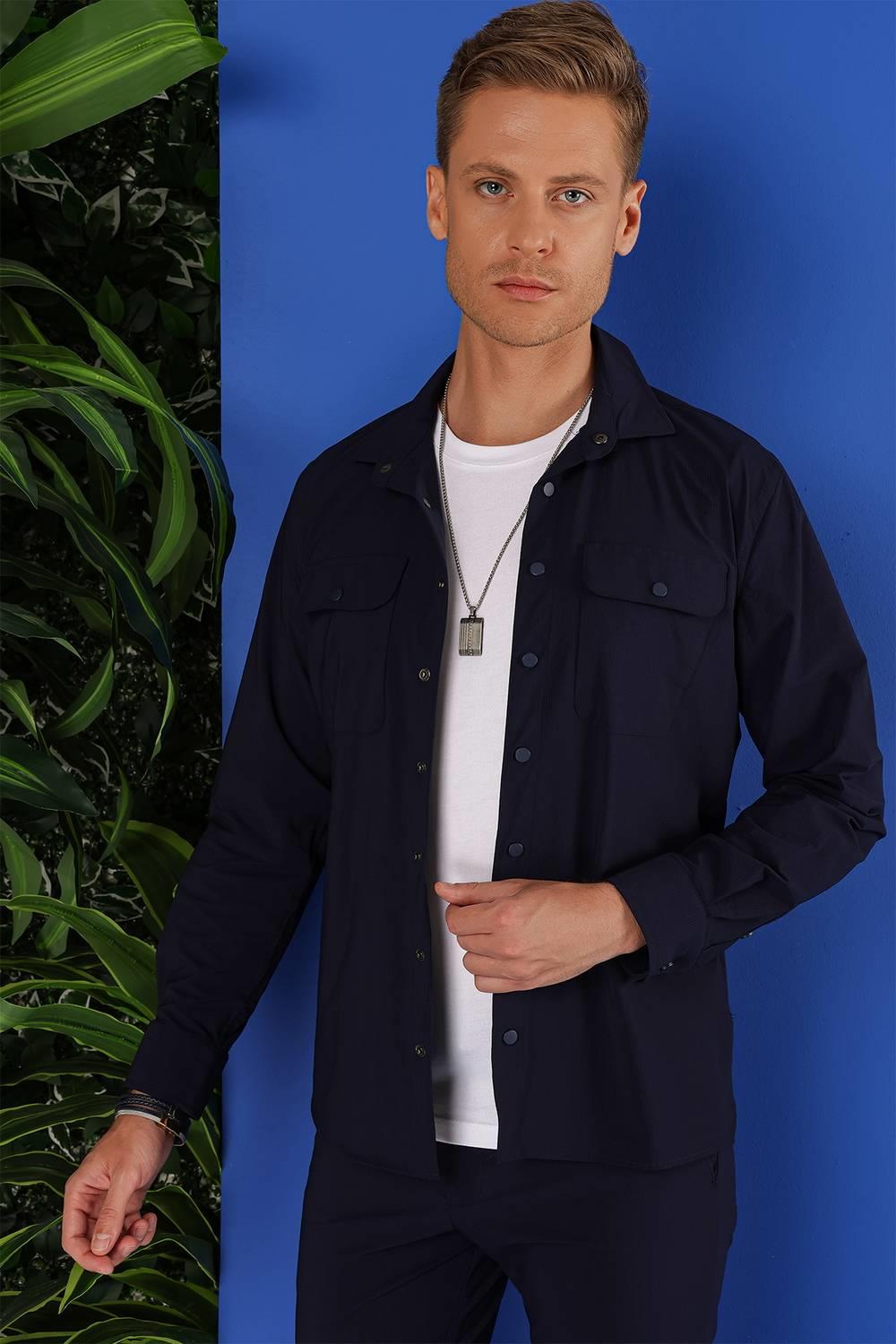 G 1553 Slim Fit Lacivert Klasik Gömlek