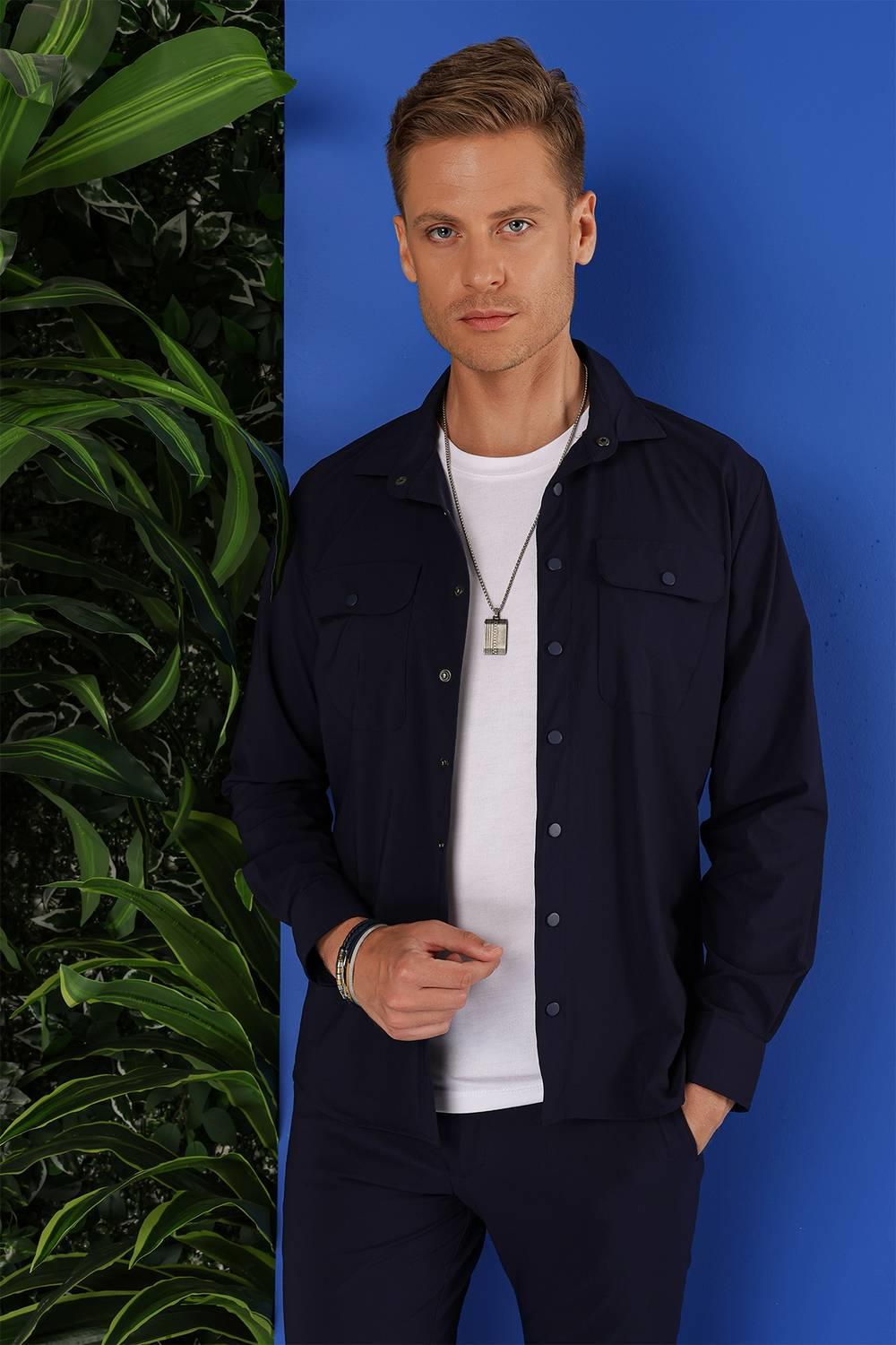G 1553 Slim Fit Lacivert Klasik Gömlek