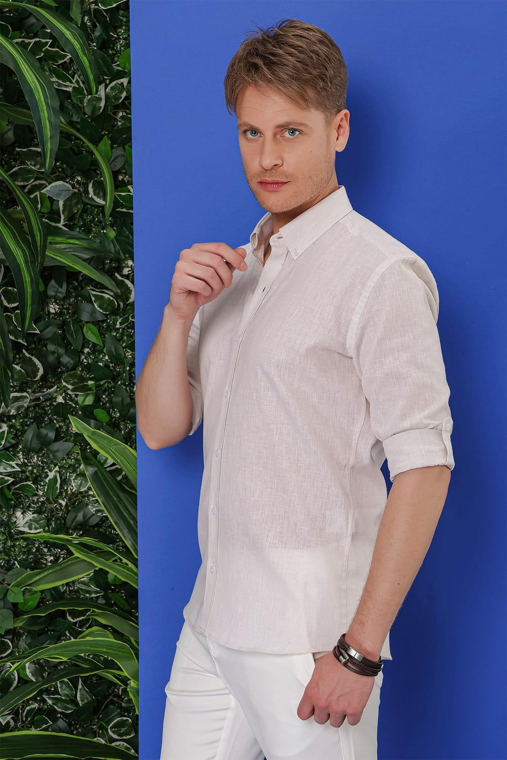 G 1554 Slim Fit Bej Klasik Gömlek
