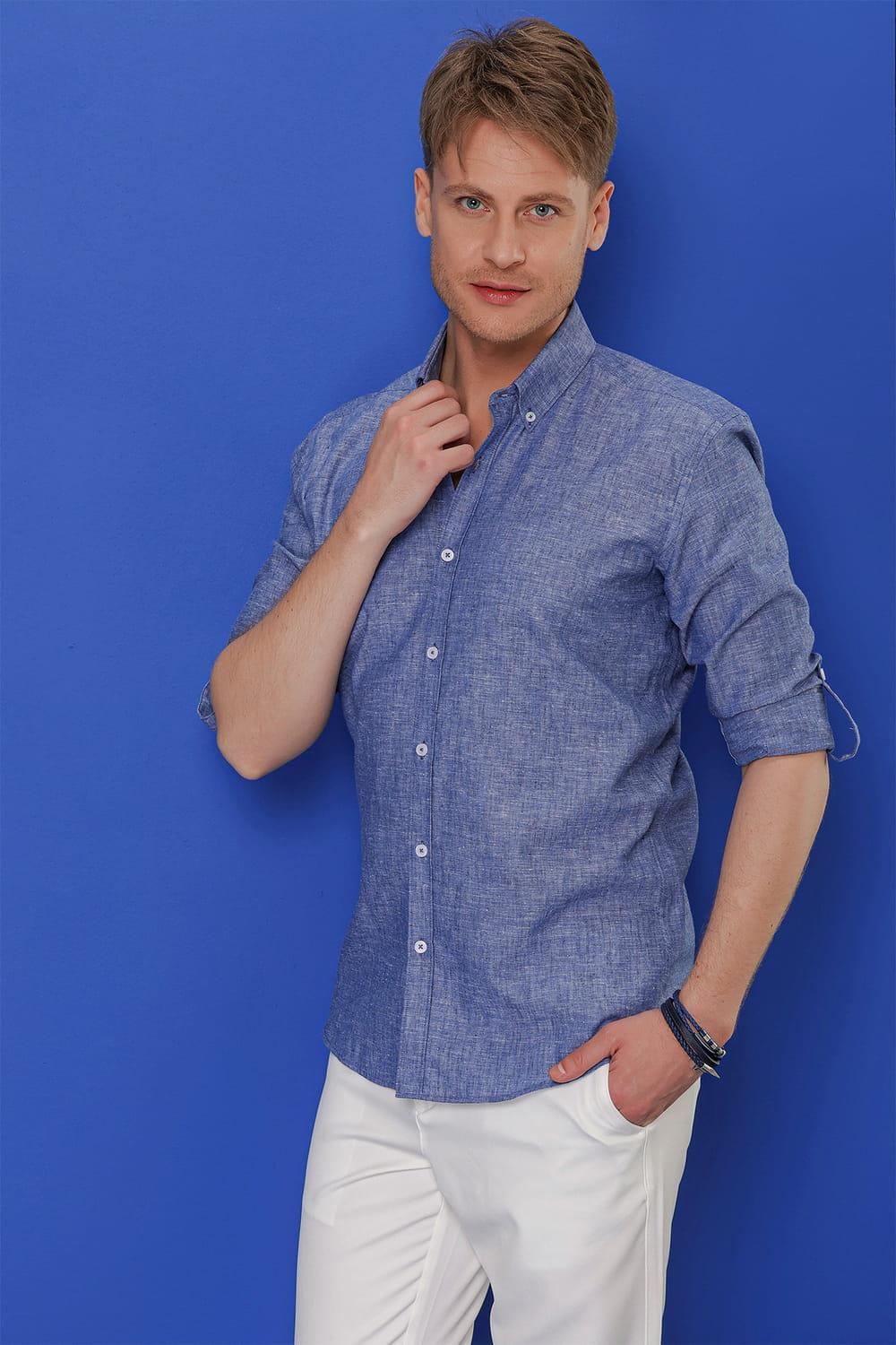 G 1554 Slim Fit İndigo Klasik Gömlek