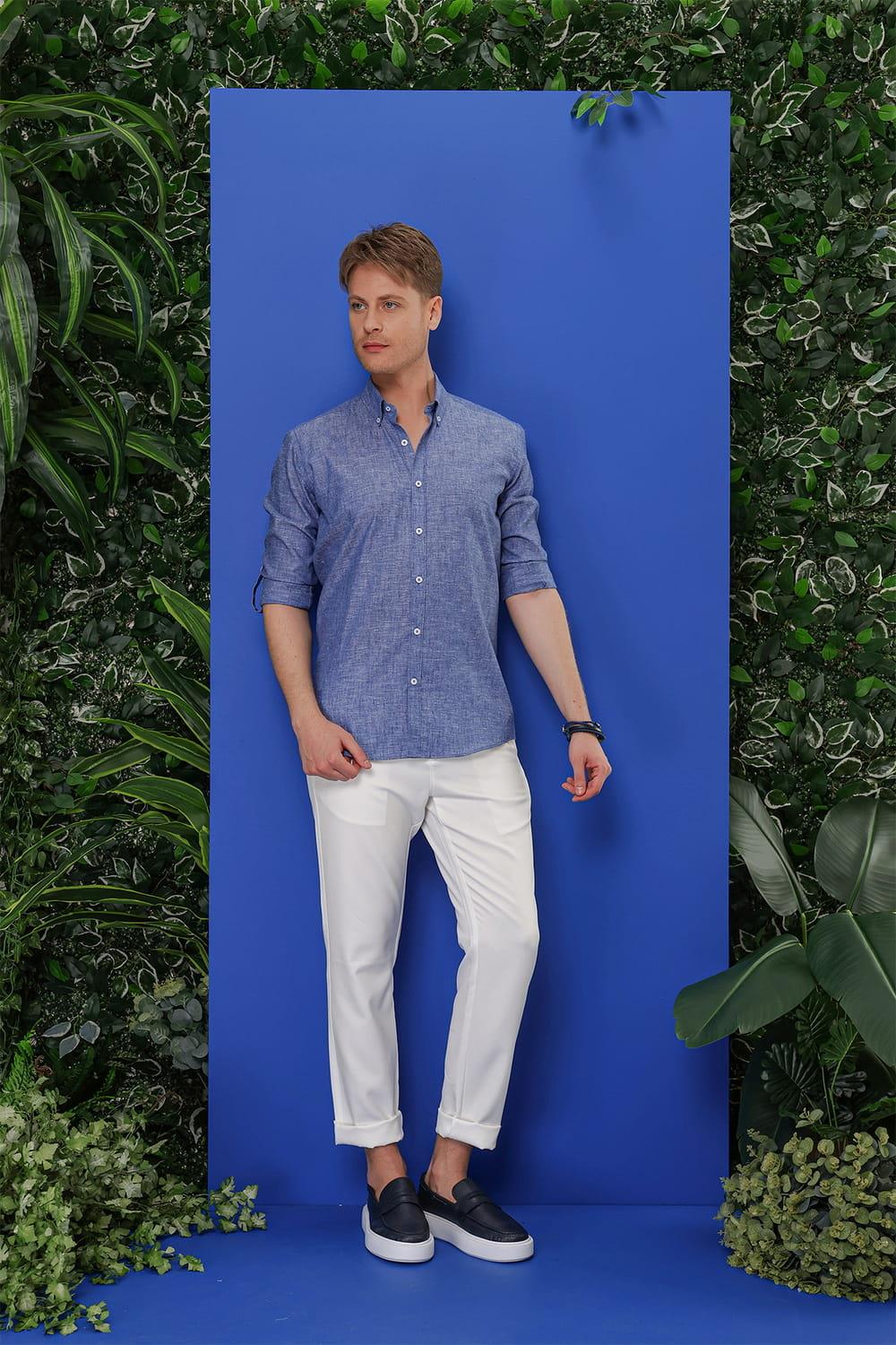 G 1554 Slim Fit İndigo Klasik Gömlek