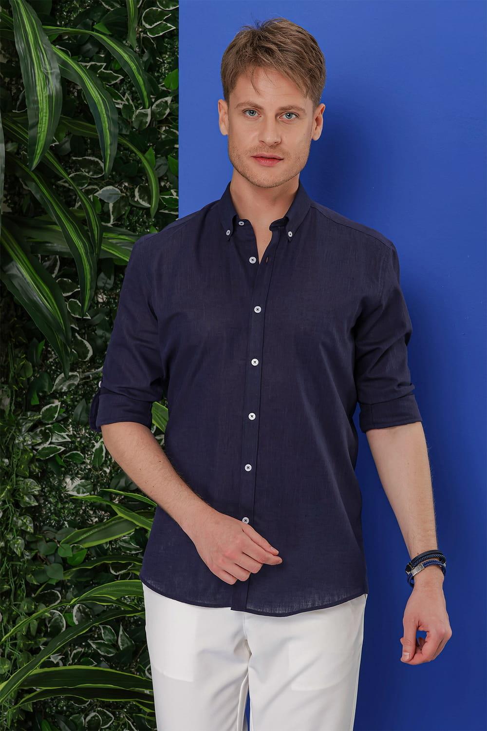 G 1554 Slim Fit Lacivert Klasik Gömlek