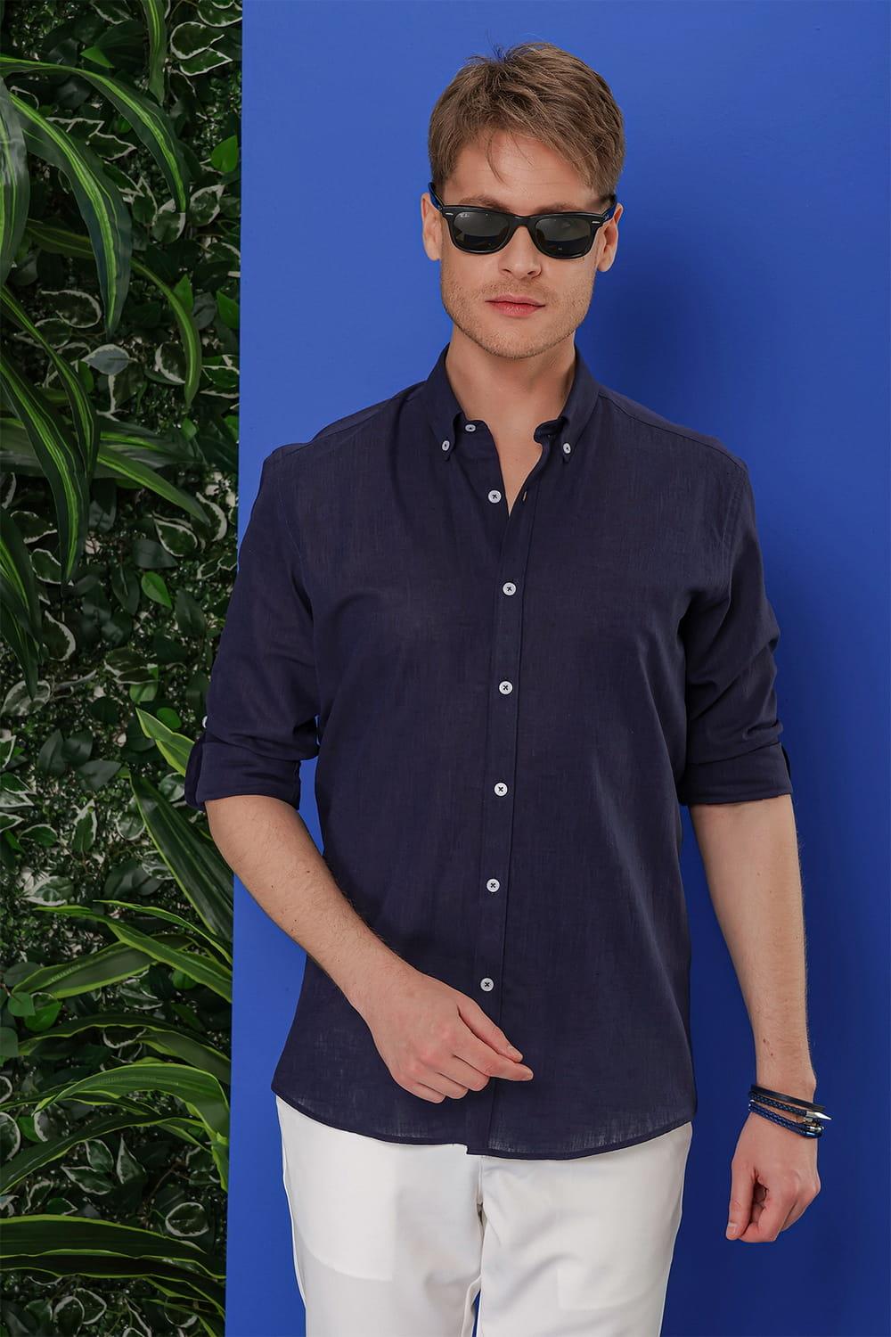 G 1554 Slim Fit Lacivert Klasik Gömlek