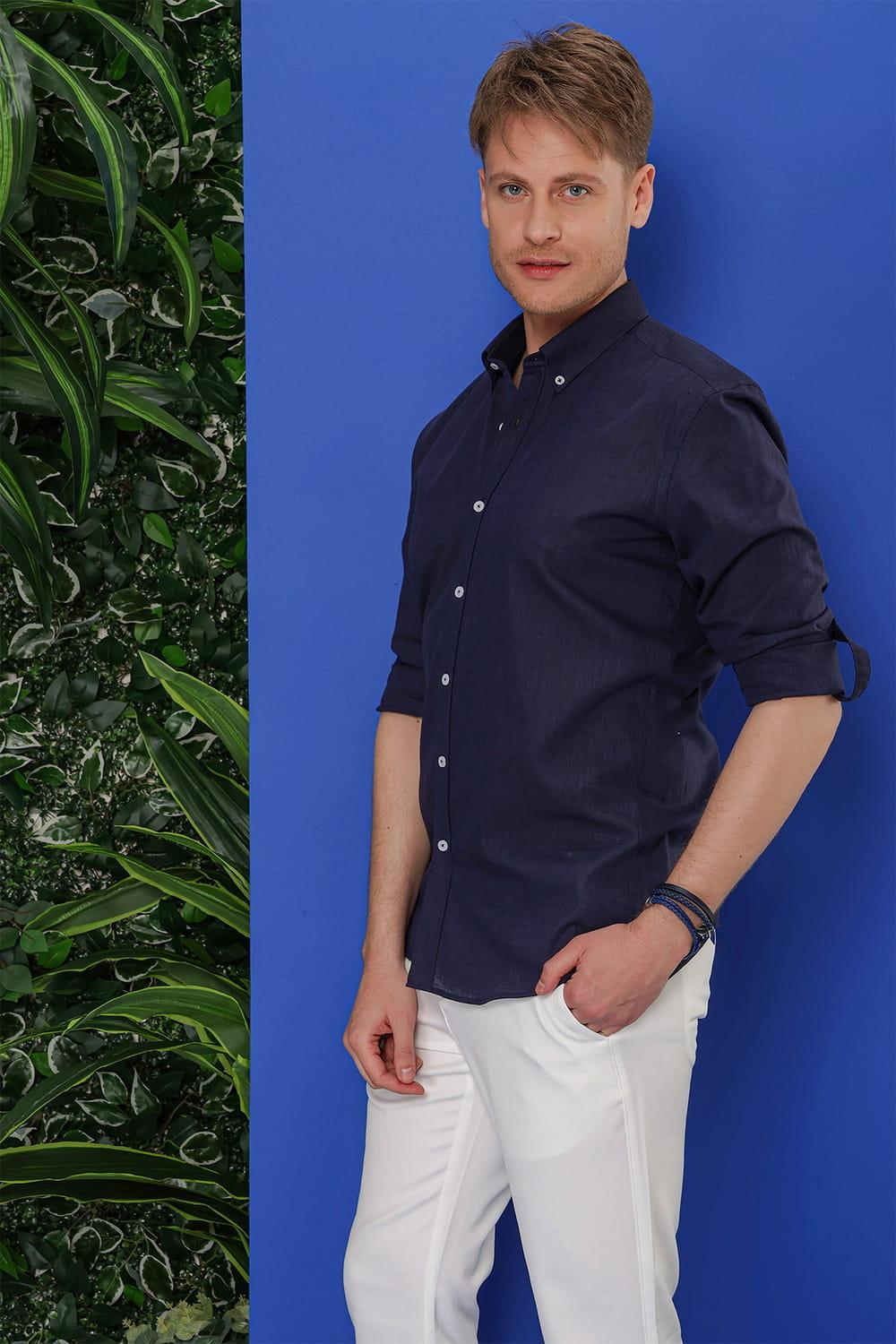 G 1554 Slim Fit Lacivert Klasik Gömlek