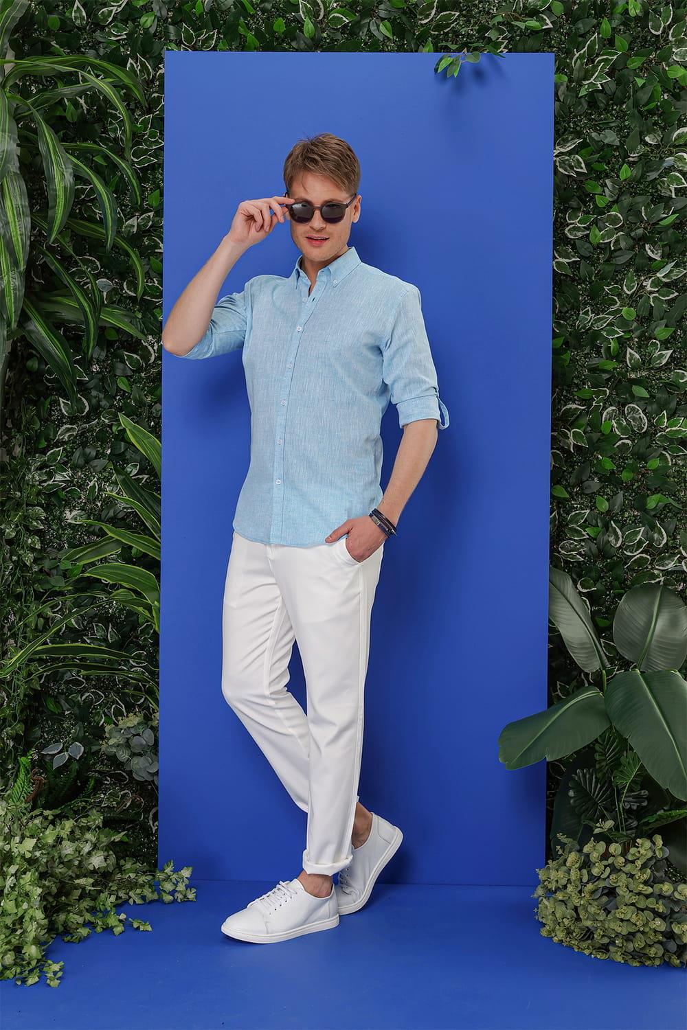 G 1554 Slim Fit Turkuaz Klasik Gömlek