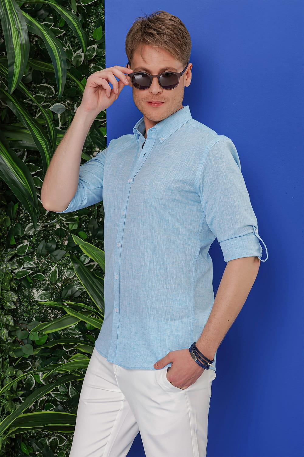 G 1554 Slim Fit Turkuaz Klasik Gömlek