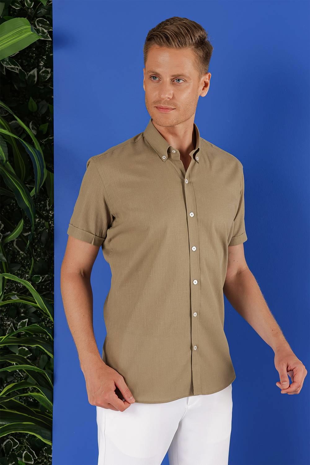 G 1556 Slim Fit Haki Klasik Gömlek